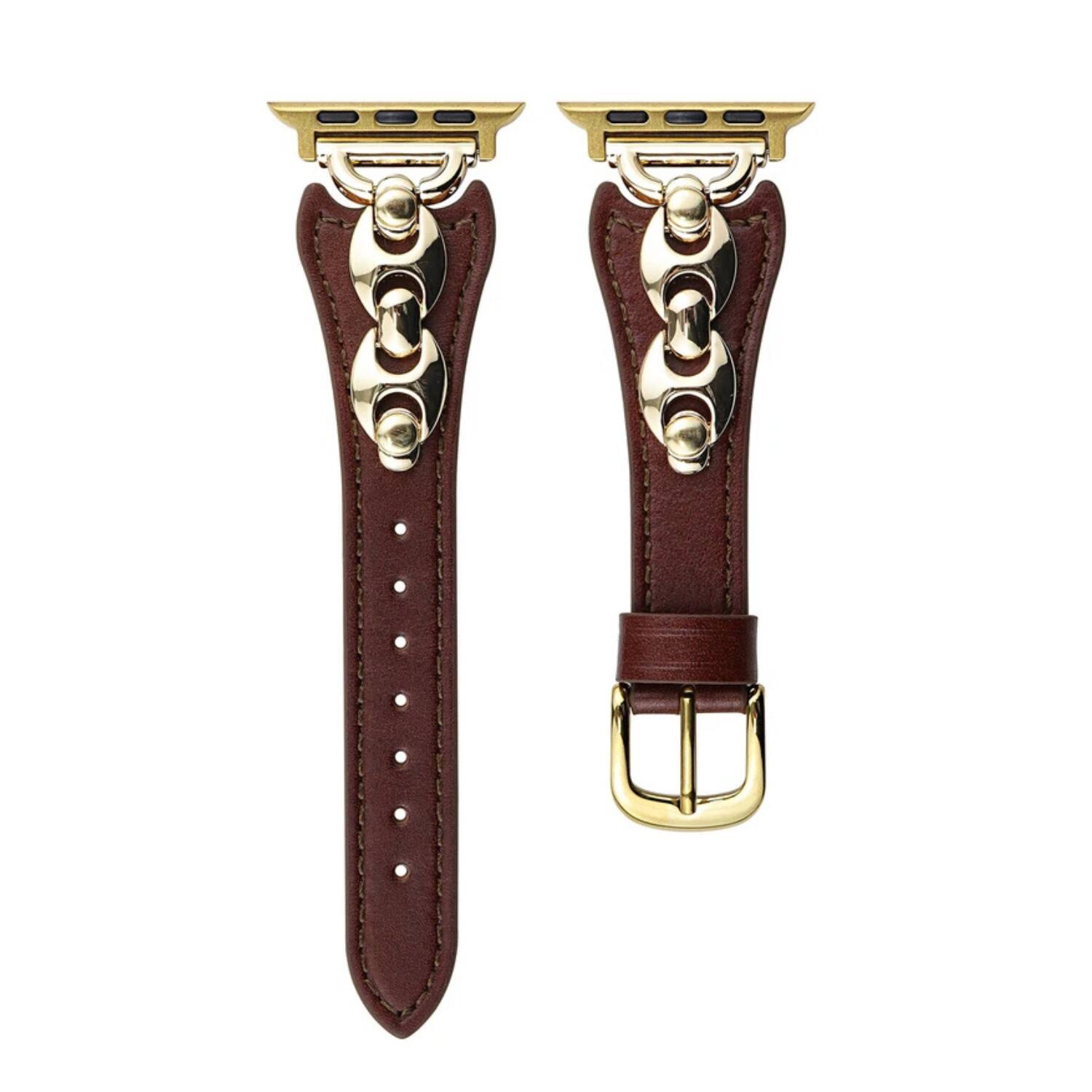 Stock Preferred - Metal Soft Leather Strap for Apple Watch Series 10 (42mm) - Dark Brown-Gold Clasp