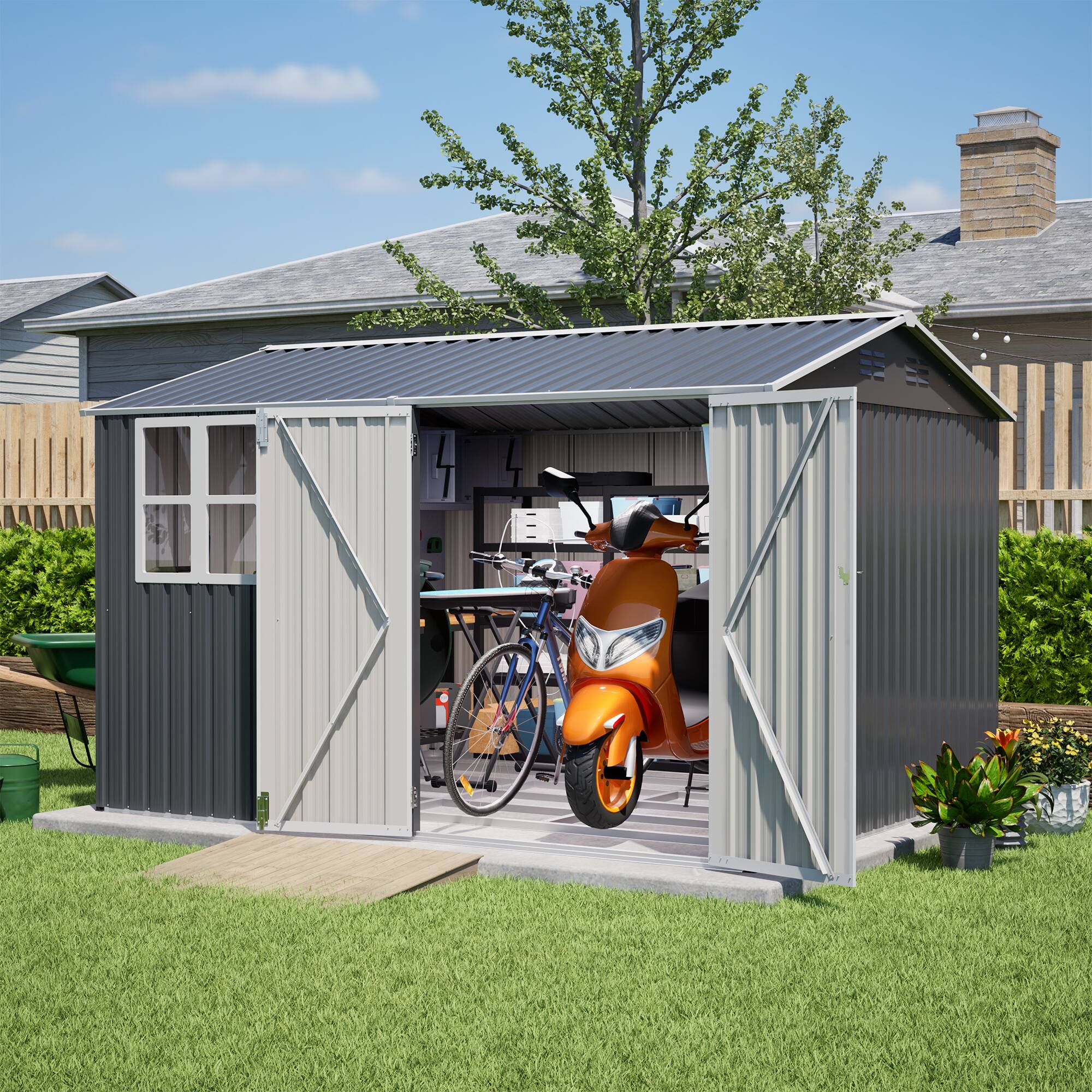 Back. Mondawe - 10X8FT Outdoor Steel Storage Shed with Clear Window, Lockable Doors and Floor Frame - Gray.