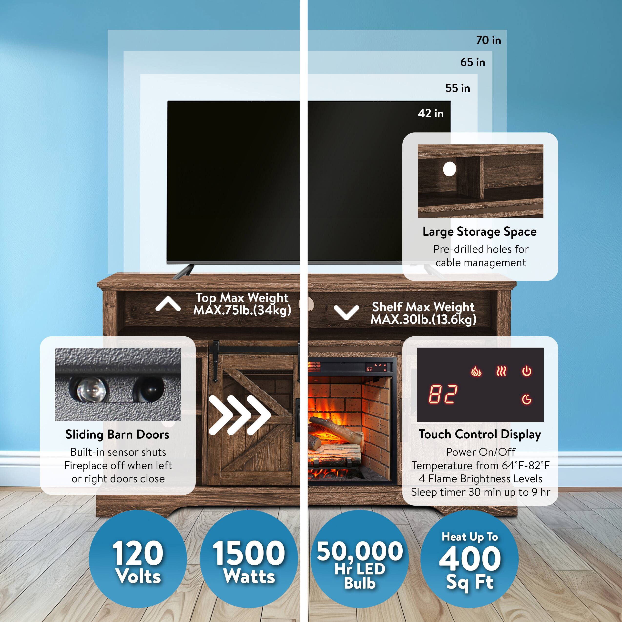 - Dimensions: 70 in x 65 in x 55 in x 42 in
- Large Storage Space
- Pre-drilled holes for cable management
- Top Max Weight: 75 lb (34 kg)
- Shelf Max Weight: 30 lb (13.6 kg)
- Sliding Barn Doors
- Built-in sensor shuts fireplace off when left or right doors close
- Touch Control Display
- Power On/Off
- Temperature from 64°F - 82°F
- 4 Flame Brightness Levels
- Sleep timer 30 min up to 9 hr
- 120 Volts
- 1500 Watts
- 50,000 Hr LED Bulb
- Heat Up To 400 Sq Ft