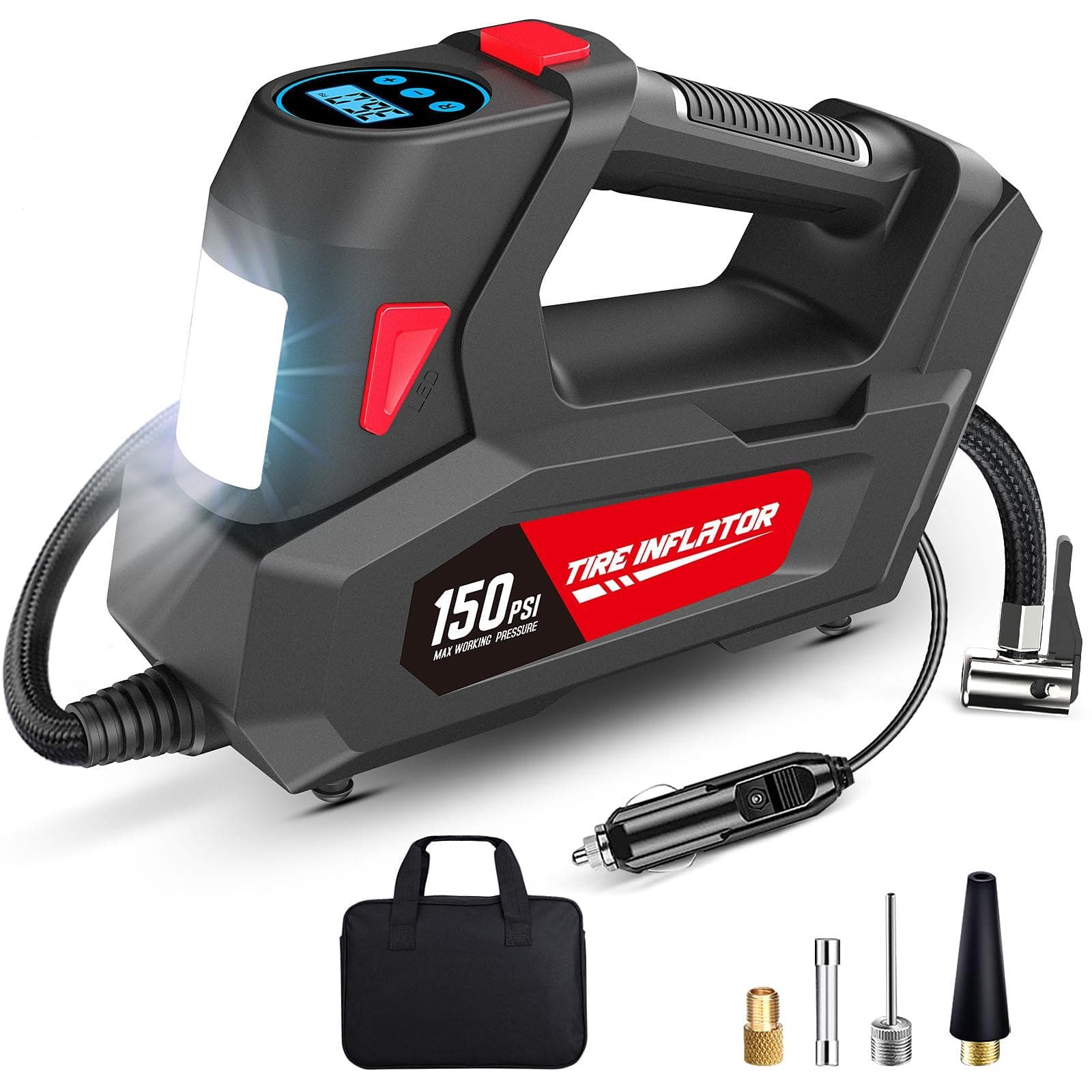 Fabibe - Air Compressor Tire Inflator Portable Pump Dc 12v Auto With Digital Gauge 150psi Emergency Led Light For Car Tires - Default