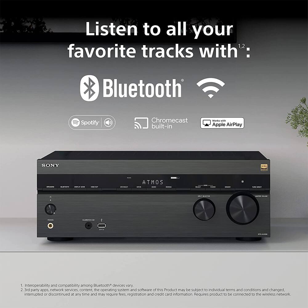 Listen to all your favorite tracks with": Bluetooth Spotify Chromecast built-in works with Apple AirPlay

1. Interoperability and compatibility among Bluetooth* devices vary.
2. 3rd party apps, network services, content, the operating system and software of this Product may be subject to individual terms and conditions and changed, interrupted or discontinued at any time and may require fees, registration and credit card information. Requires product to be connected to the wireless network.