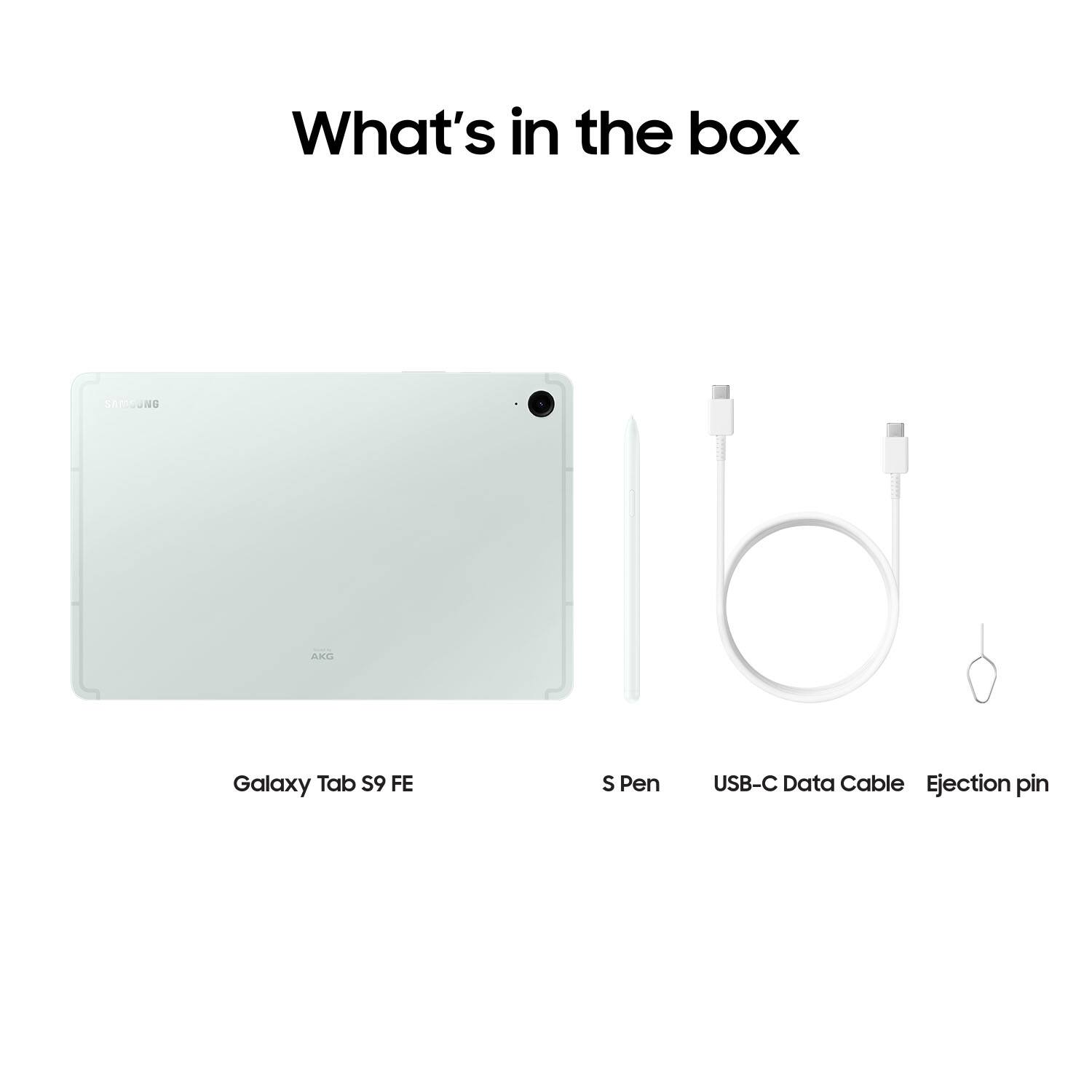What's in the box: Samsung Galaxy Tab S9 FE, S Pen, USB-C Data Cable, and Ejection Pin.