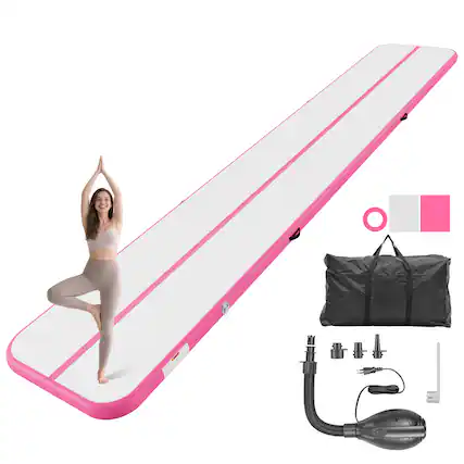 Front. VEVOR - Inflatable Gymnastics Air Mat 20 ft Training Mats w/ Electric Pump, 4 inches Thick Sturdy Tumble Track, Tumbling Mat - Pink.