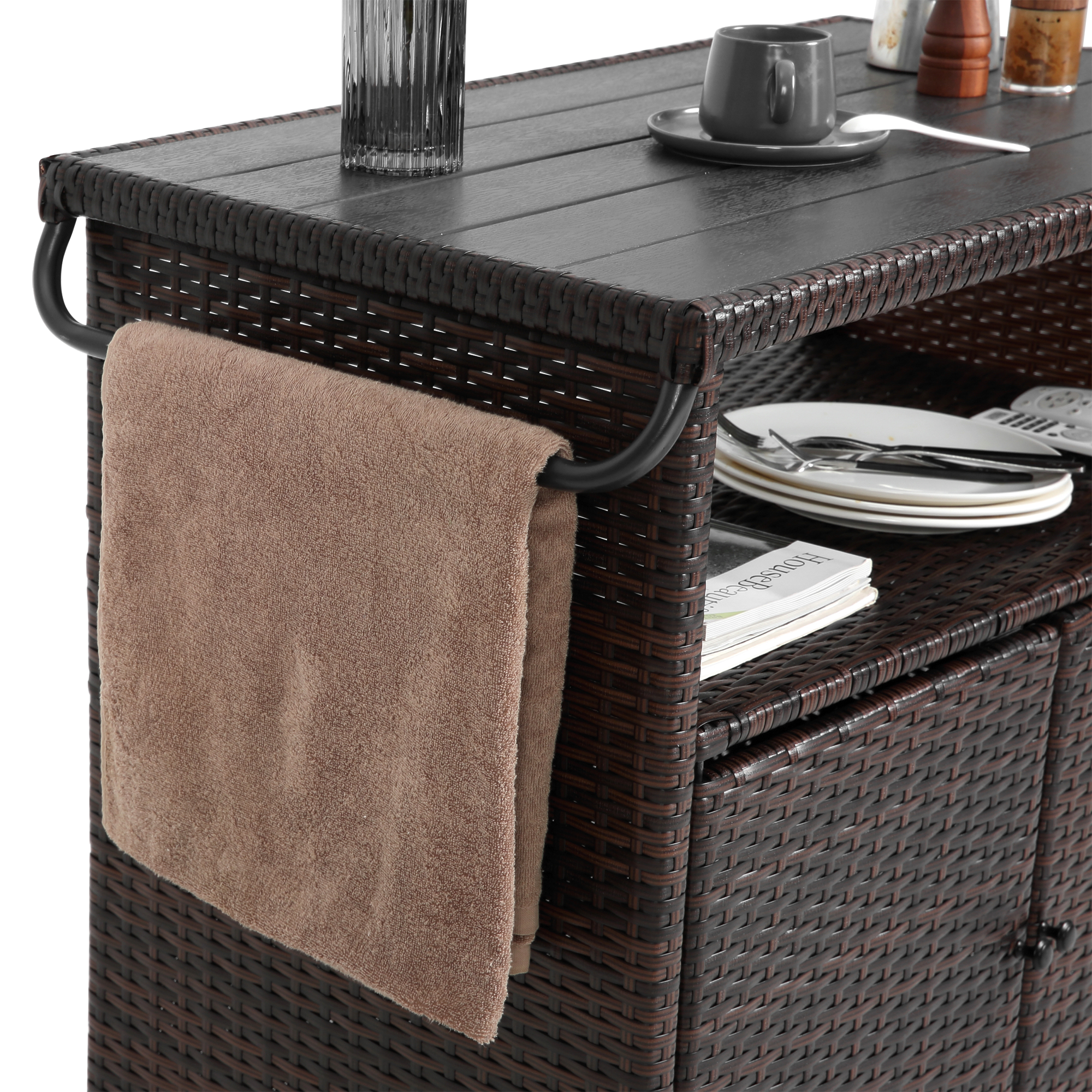 Alt View 2. APRILSOUL - Outdoor Wicker Bar Cart with Wheels Rolling Rattan Beverage Bar Counter Table with Glass Top Light brown - Black+Brown.