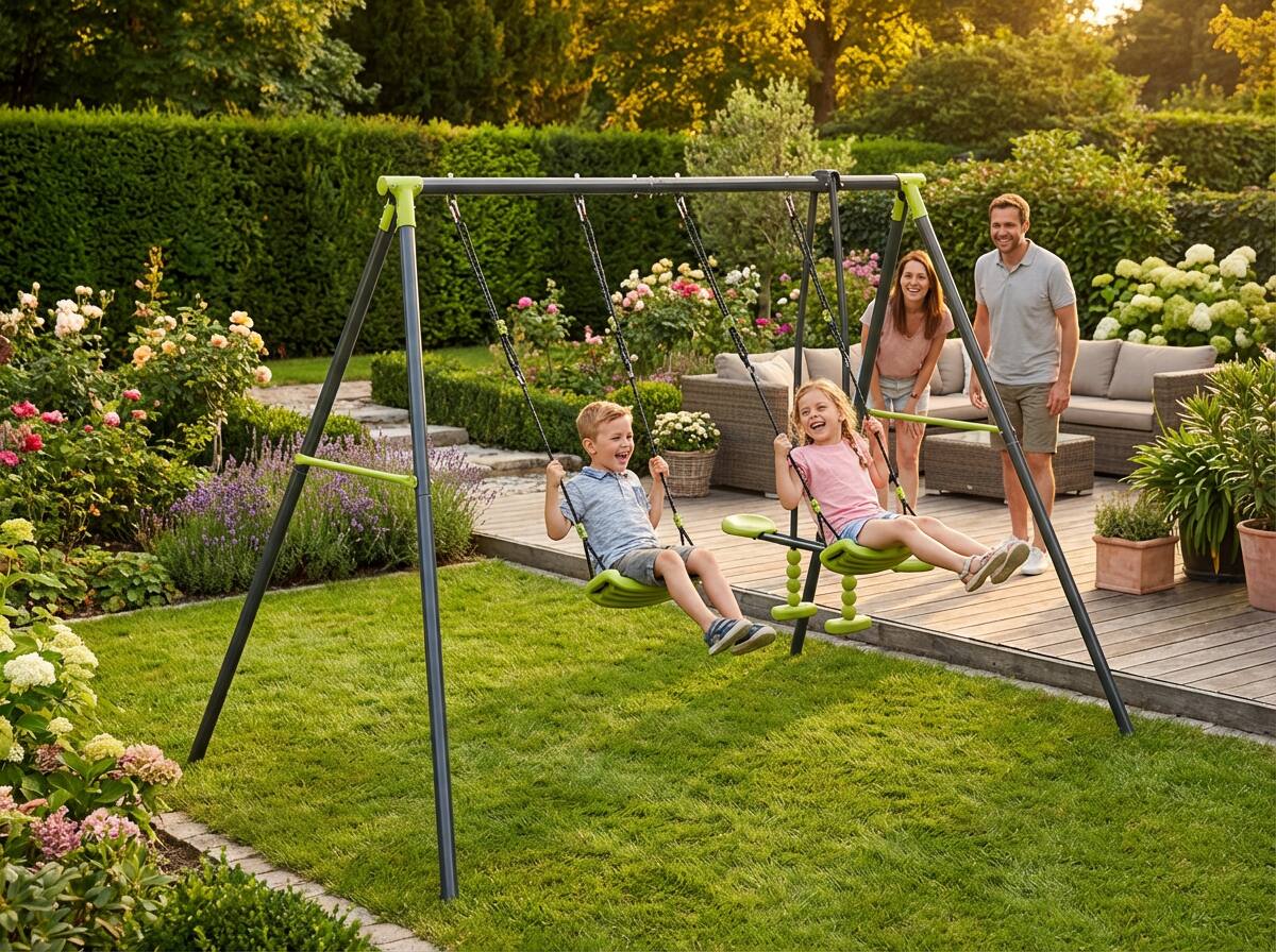 Alt View 4. Loheer - 8.4ft Triple Children Metal Swing Set Outdoor Playground 3-Seat Design for Kids Age 3+ - Green.