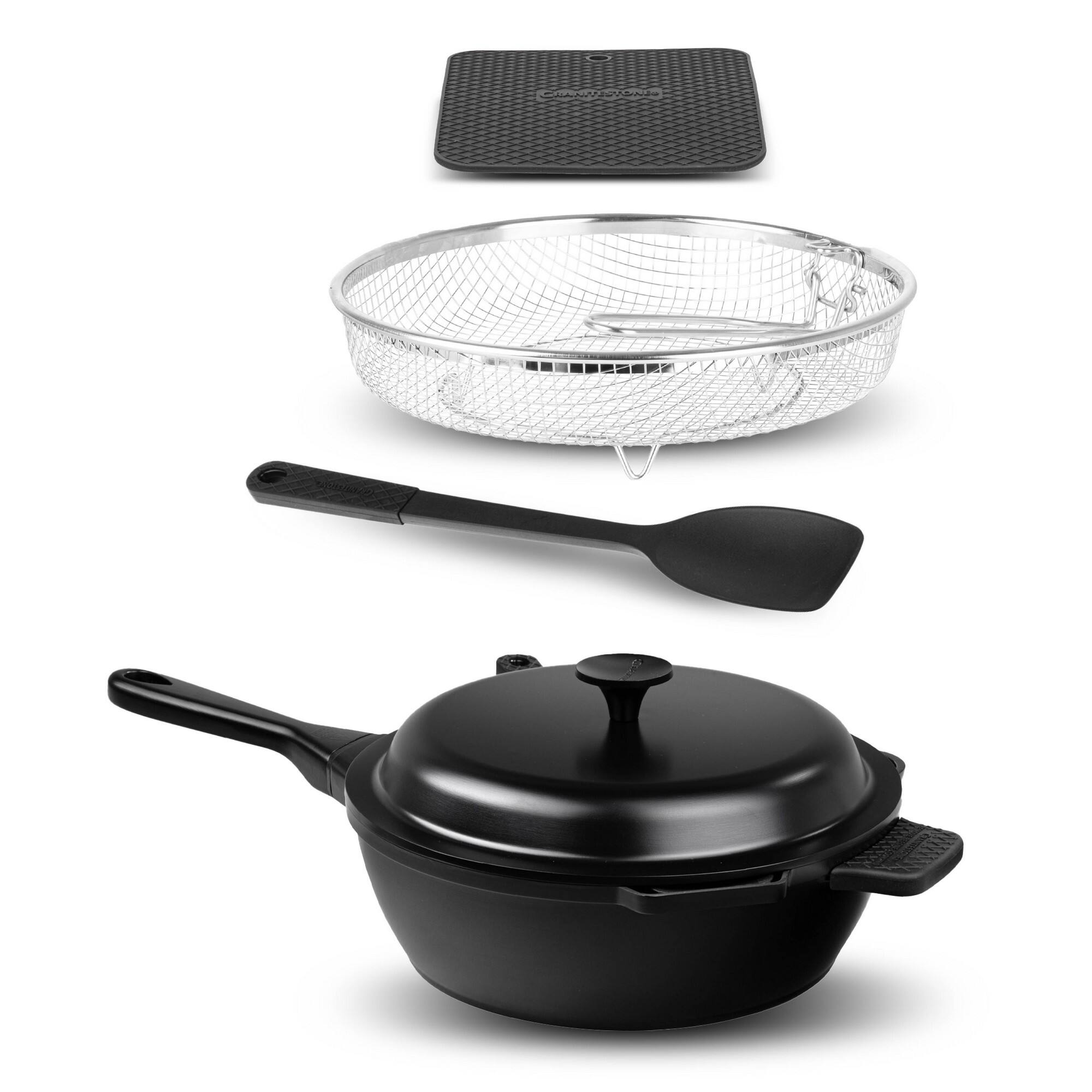 Alt View 1. Granitestone - Granitestone Zuka Everyday Pan 10" Black Nonstick Multi-Functional Saute Pan with Lid, Nylon Spoon and Steamer Basket - Black.