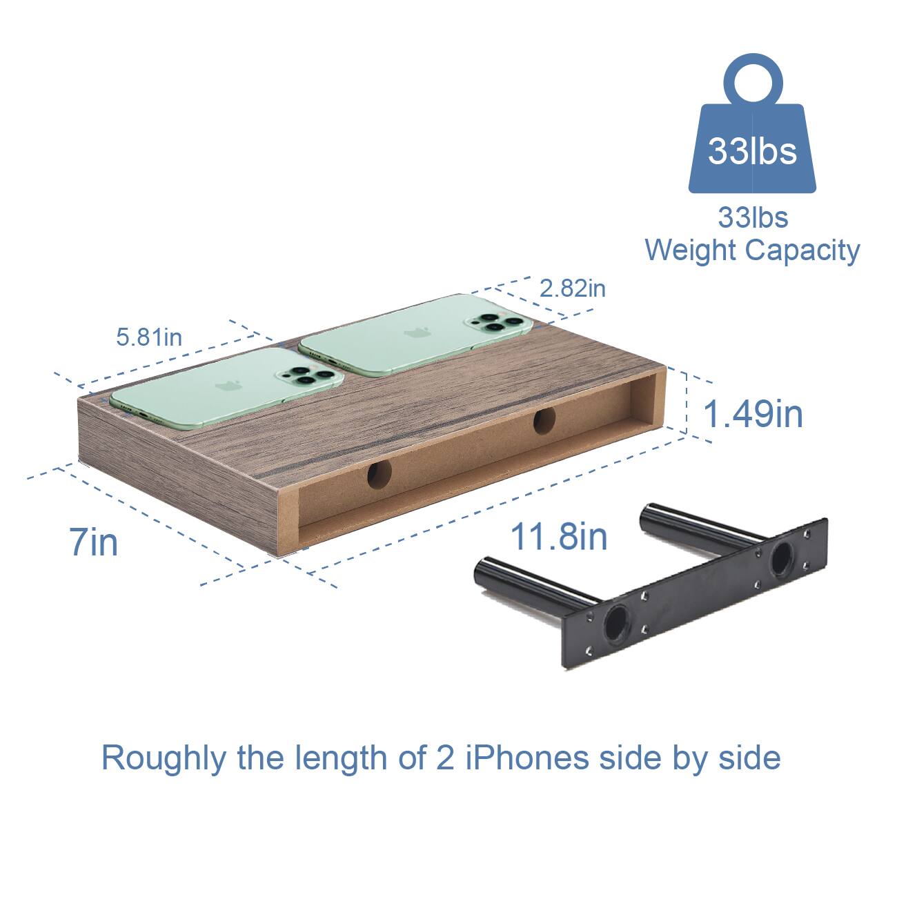 33lbs Weight Capacity

5.81in

2.82in

1.49in

7in

11.8in

Roughly the length of 2 iPhones side by side