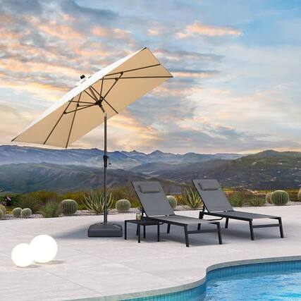 Front. PURPLE LEAF - 8 ft. Square Patio Market Umbrella with Base Outdoor Table Umbrella Tilt Aluminum Frame Sun Shade for Garden Deck Pool - Beige.