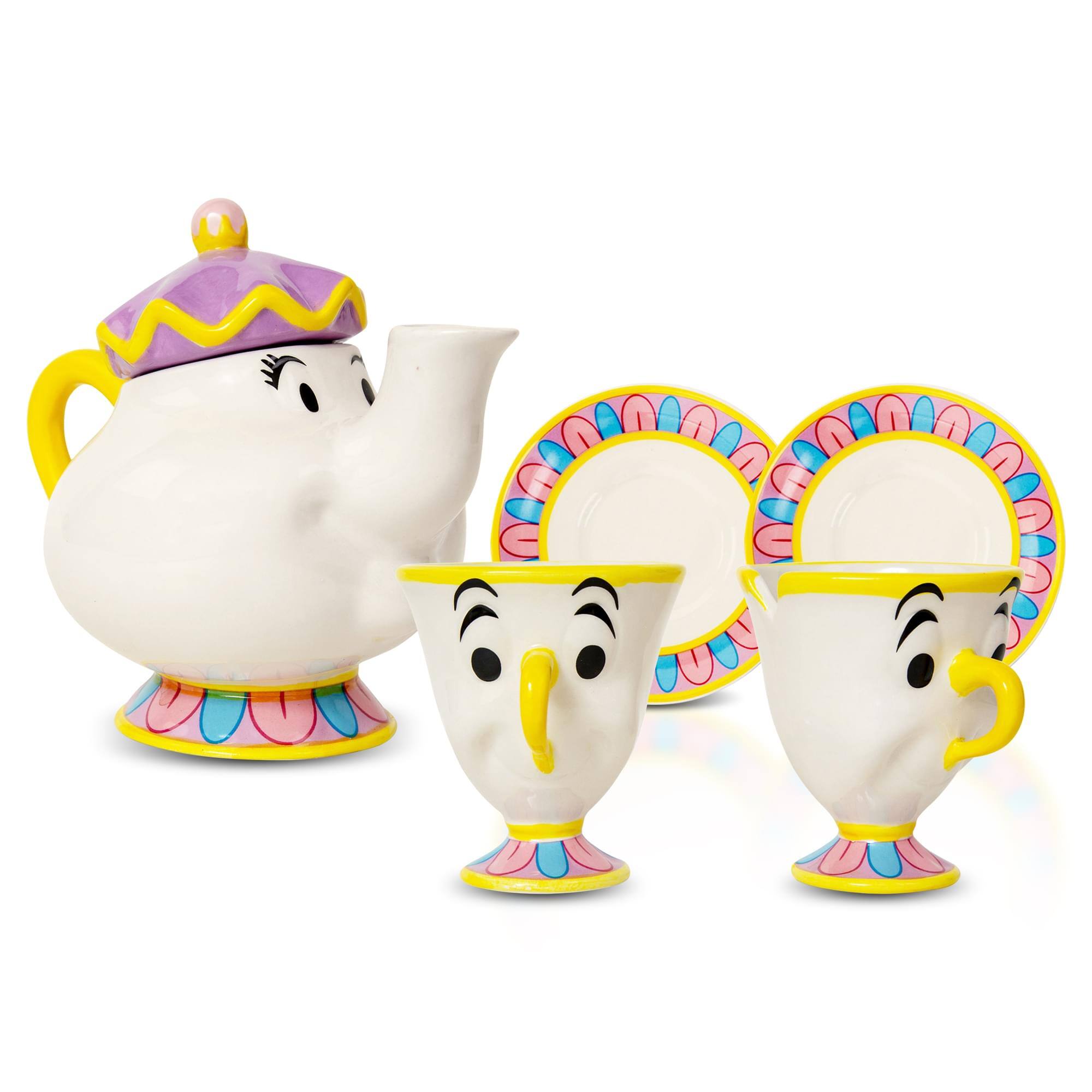 Front. Disney - Disney Beauty and the Beast Mrs. Potts Teapot Set With 2 Chip Cups and Saucers - White.