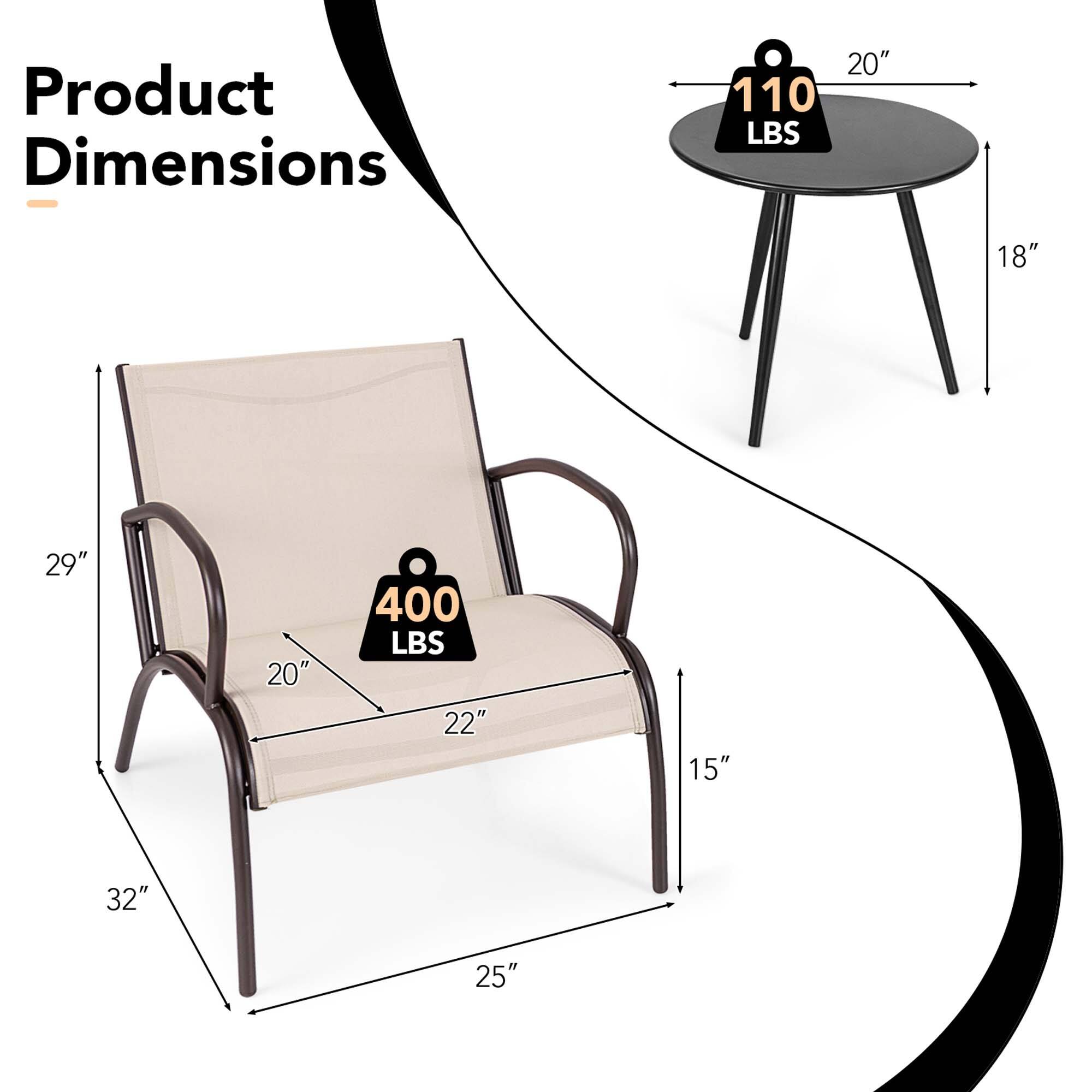 Product Dimensions

- Table: 20" diameter, 18" height, 110 LBS capacity
- Lounge Chair: 29" height, 20" width, 22" depth, 32" length, 15" armrest height, 400 LBS capacity