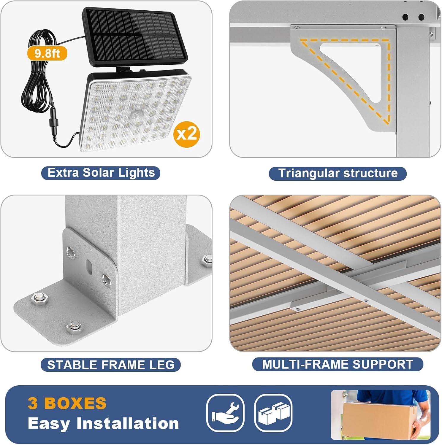 9.8ft x2 Extra Solar Lights  
Triangular structure  
STABLE FRAME LEG  
MULTI-FRAME SUPPORT  
3 BOXES  
Easy Installation
