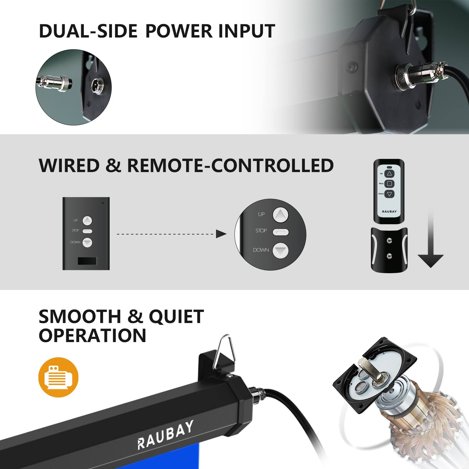 DUAL-SIDE POWER INPUT

WIRED & REMOTE-CONTROLLED

SMOOTH & QUIET OPERATION