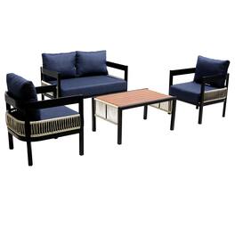 Mondawe - Outdoor Iron Sofa Set with A table, Rattan Decoration - Dark Blue