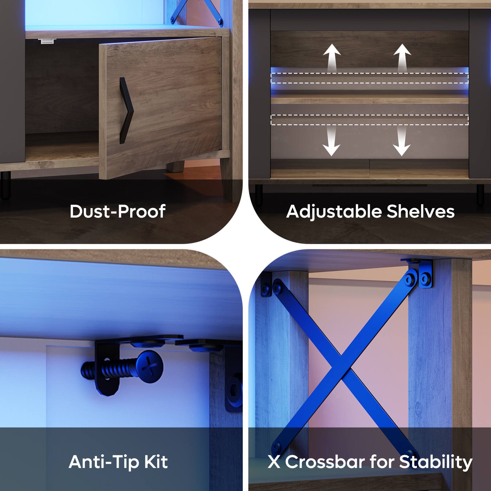 Dust-Proof Adjustable Shelves Anti-Tip Kit X Crossbar for Stability