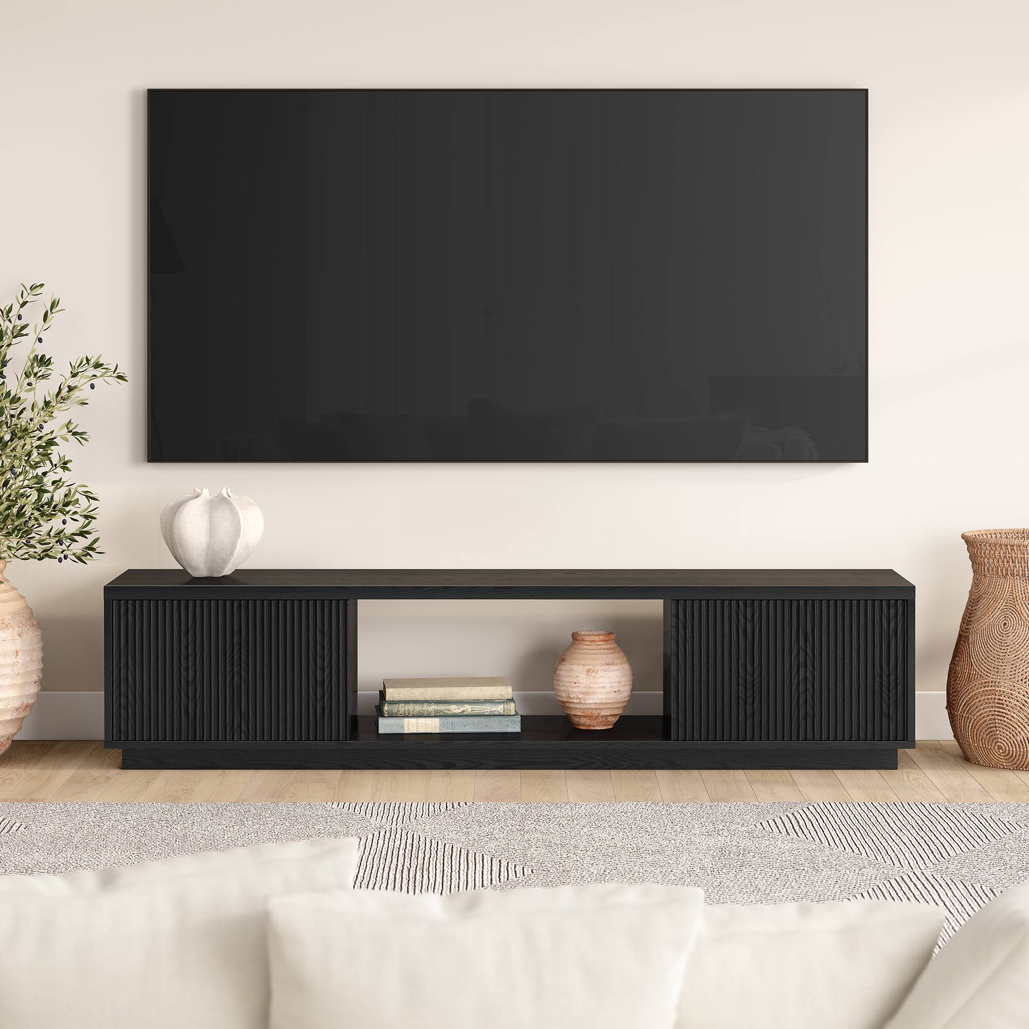 Alt View 2. Hudson&Canal - Dorian Rectangular Fluted TV Stand for TV's up to 78" in Black Grain - Black Grain.