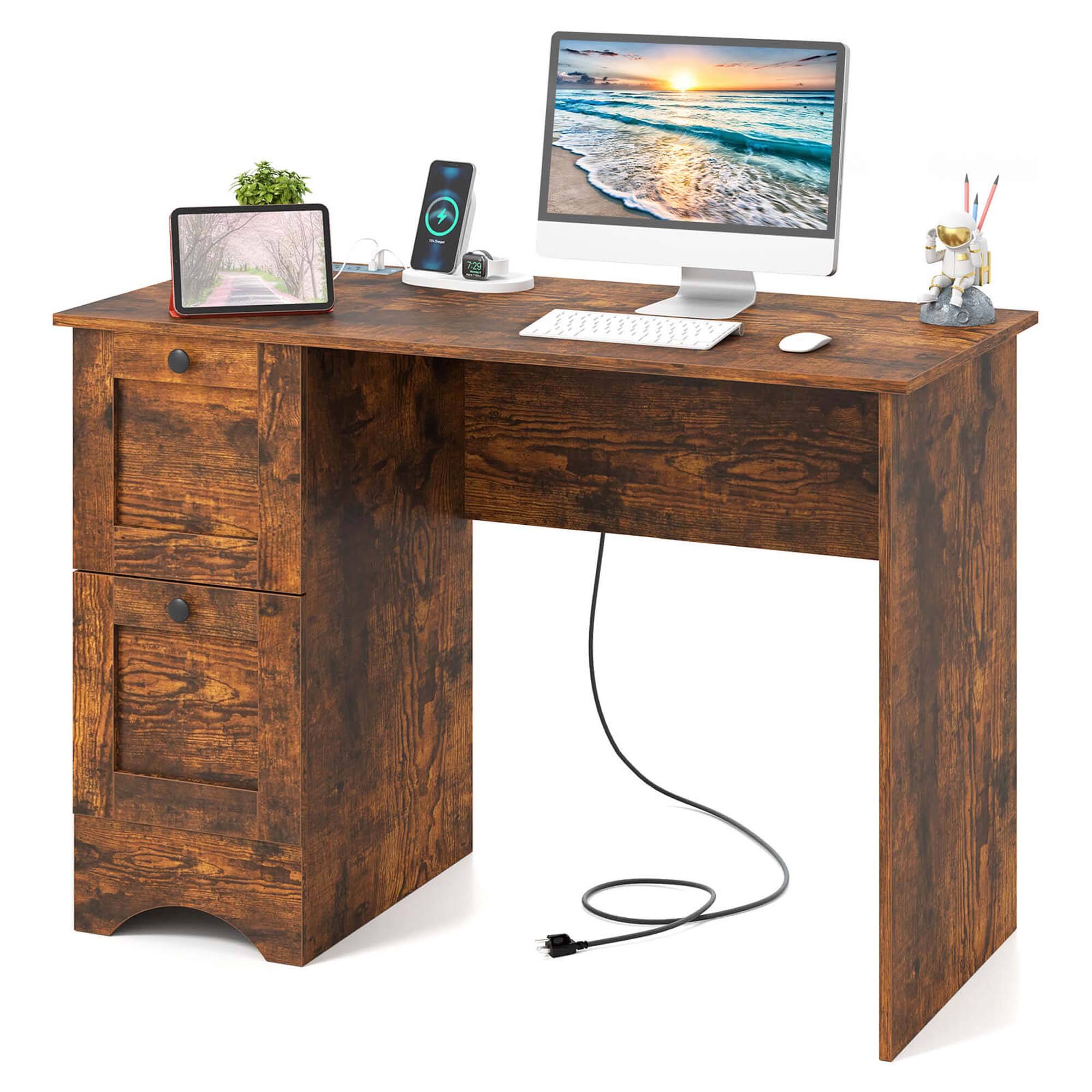 Costway - 43" Home Office Desk Compact Study Writing Desk with 2 Drawers Charging Station - Brown