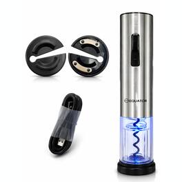 Equator - Electric Wine Opener Cordless w/ Charging Base, Automatic Corkscrew, LED Light, Foil Cutter - Stainless Steel