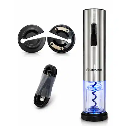 Front. Equator - Equator Electric Wine Opener Cordless w/ Charging Base, Stainless Steel Automatic Corkscrew, LED Light, Foil Cutter - Stainless.
