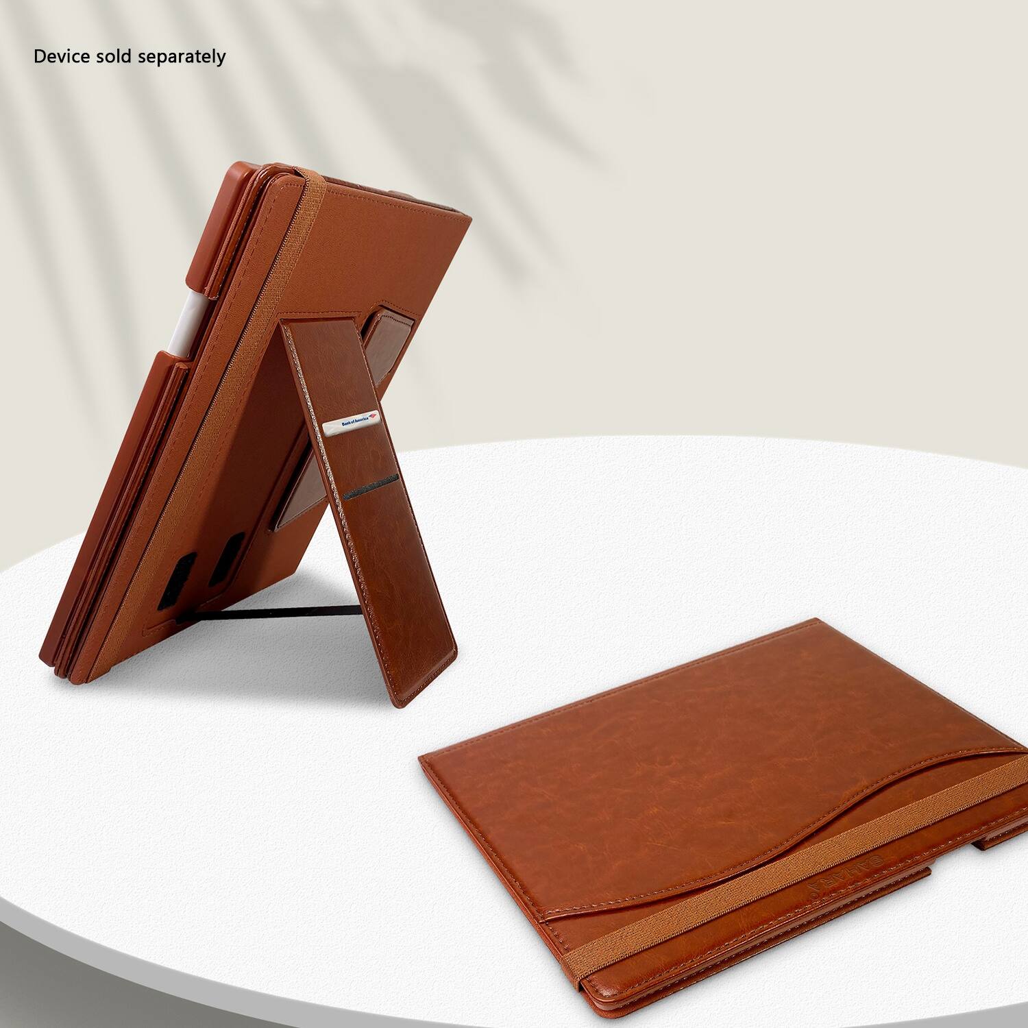 The image features a brown leather case with a device inside it, which is displayed on a white surface. The case is open, revealing the device inside. The text "Device sold separately" is present in the image, indicating that the device is not included with the case and must be purchased separately.