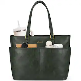 LOVEVOOK - Work Tote Bags for Women, Vintage Leather 15.6 Inch Laptop Bag with Large Cup Holder in Dark - Green
