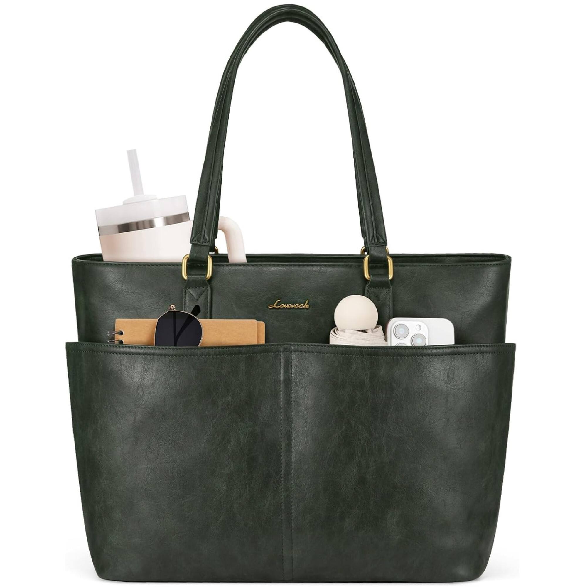 Front. LOVEVOOK - LOVEVOOK Work Tote Bags for Women, Vintage Leather 15.6 Inch Laptop Bag with Large Cup Holder in Dark Green - Green.