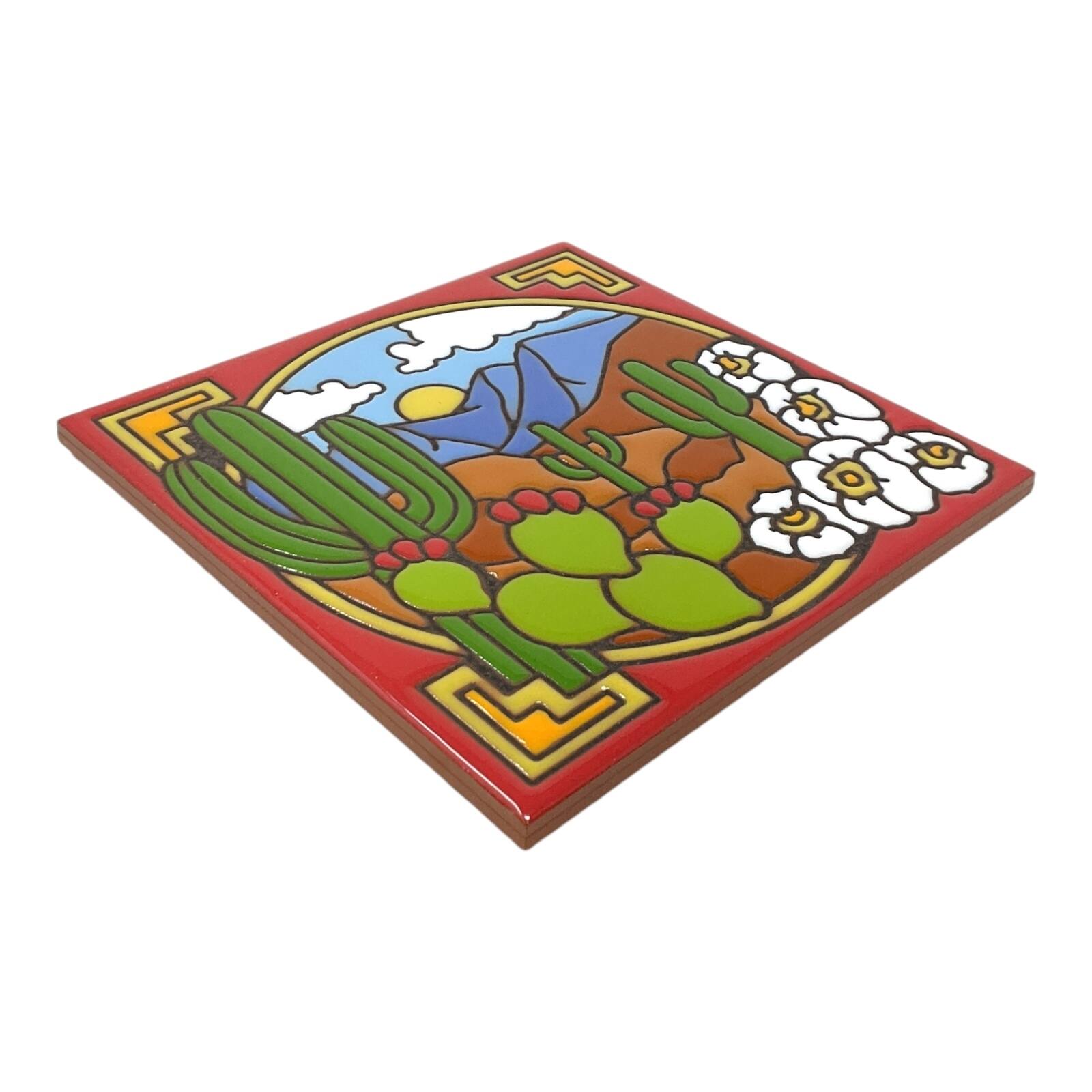 Left. Earthtones Tile - Earthtones Saguaro Cactus Desert Scene Southwest 6X6 Hand Glazed Decorative Tile or Kitchen Trivet - Multiclor.