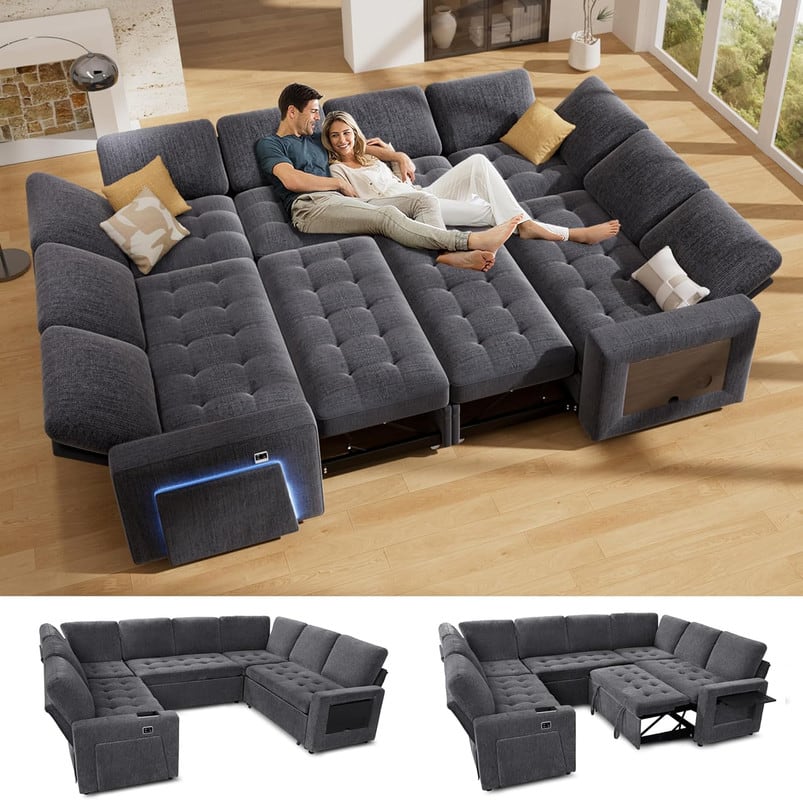 Front. Dyonery - Dyonery Modular Sectional Sleeper Sofa: Pull-Out Bed, Reclining Backrest, USB Ports, Side Table, LED Lighting,Gary - Gray.