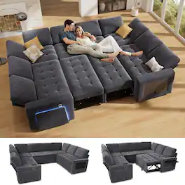 Dyonery - Modular Sectional Sleeper Sofa: Pull-Out Bed, Reclining Backrest, USB Ports, Side Table, LED Lighting,Gary - Gray