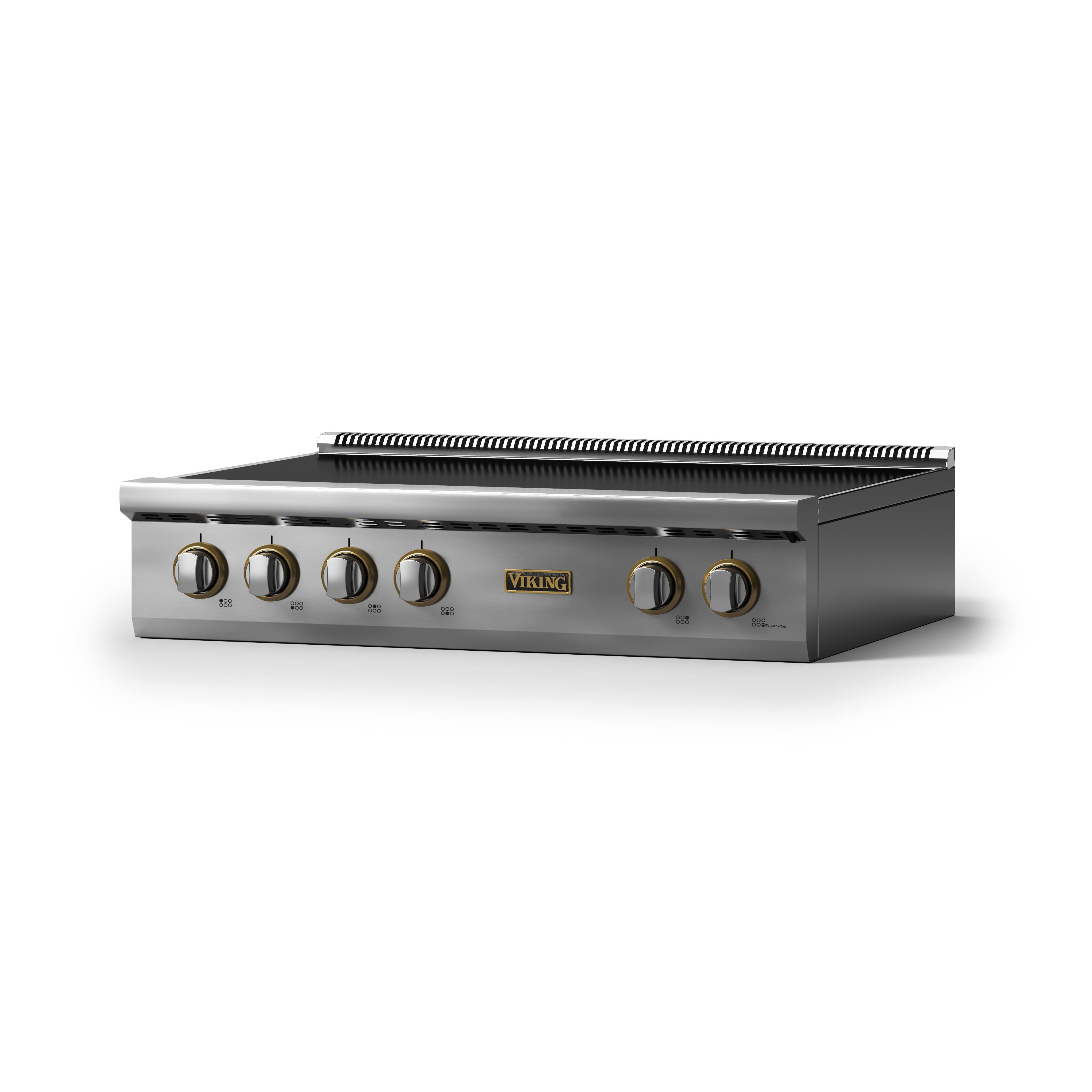 Angle. Viking - 36 in. Wide 6 Element Electric Rangetop - Stainless Steel w/Brushed Brass - Stainless Steel.