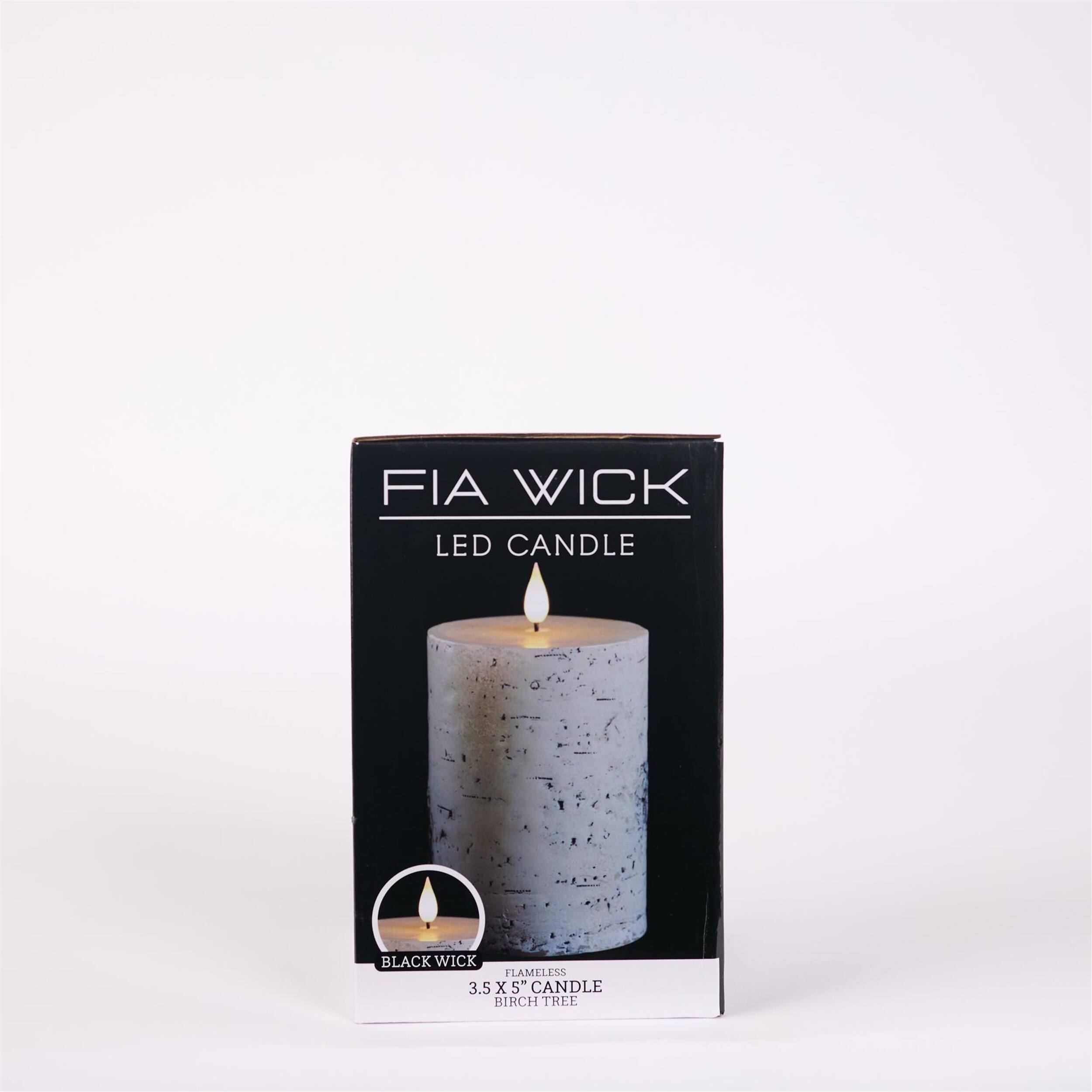 FIA WICK  
LED CANDLE  

BLACK WICK  
FLAMELESS  
3.5 x 5" CANDLE  
BIRCH TREE
