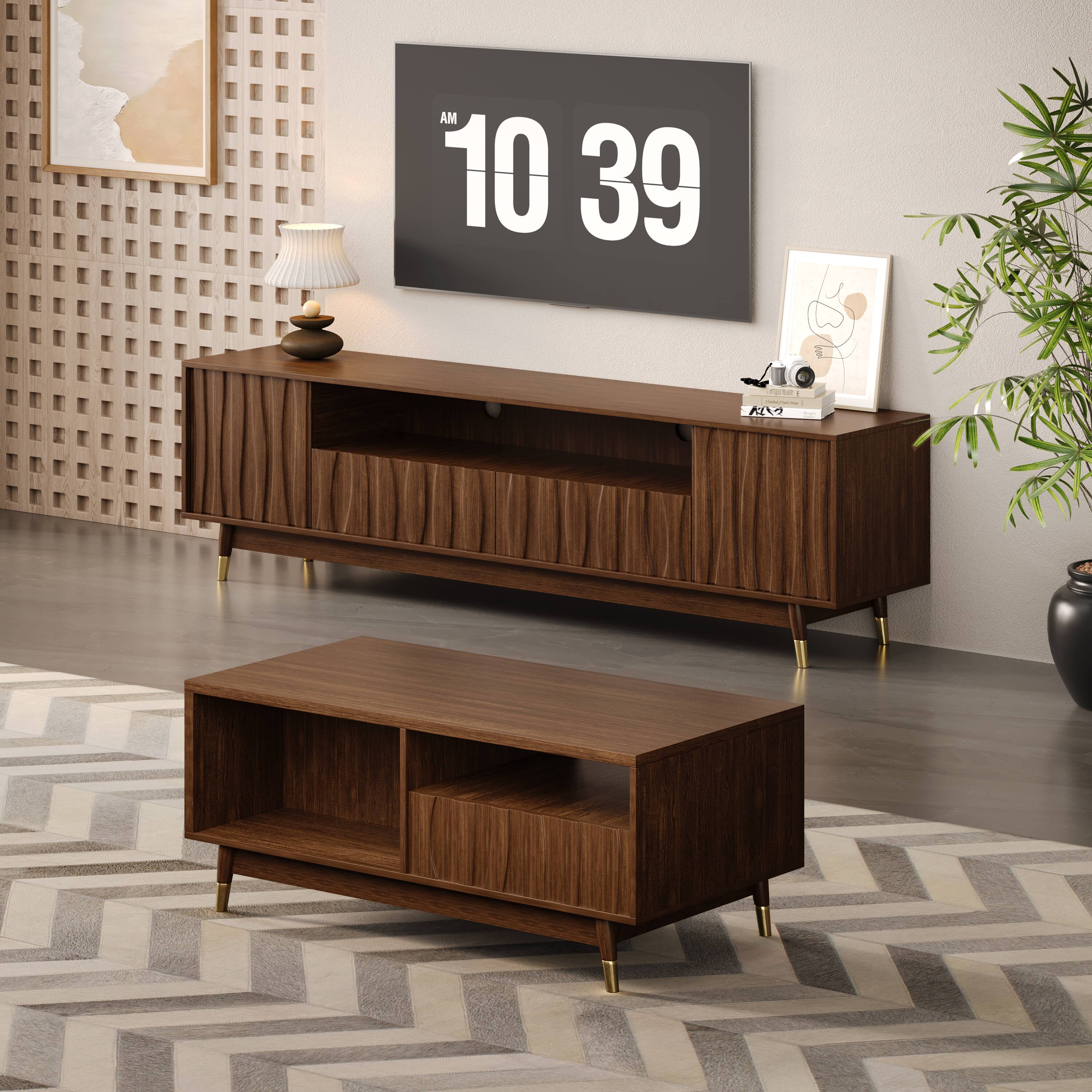 Front. MSOOB - 78.7" Living Room Set For TVs up to 85'', Mid Century Modern Entertainment Center Includes TV Stand and Coffee Table - brown.