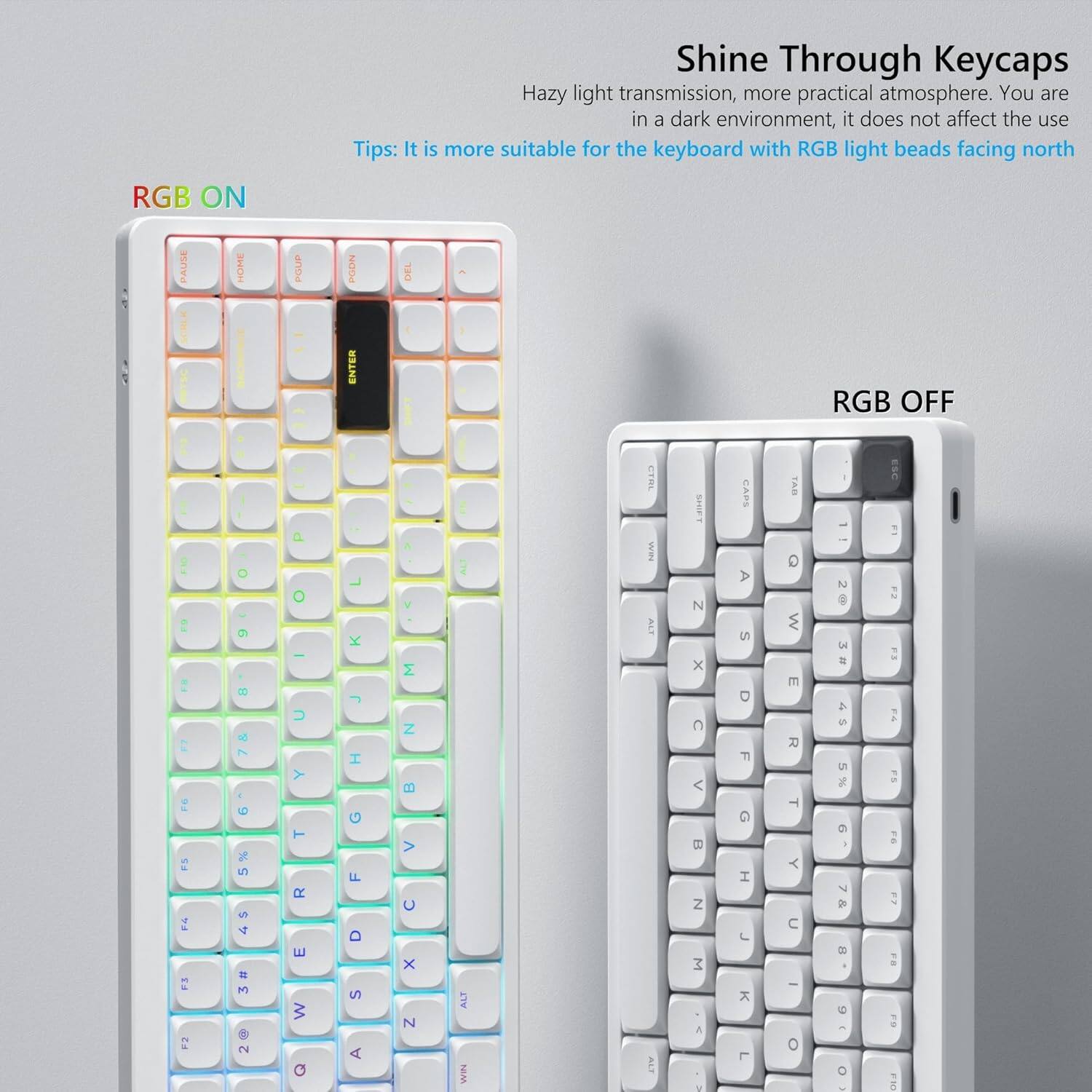 Shine Through Keycaps  
Hazy light transmission, more practical atmosphere. You are in a dark environment, it does not affect the use. Tips: It is more suitable for the keyboard with RGB light beads facing north.

RGB ON  
P: PAUSE  
HOME: PGUP  
PGDN: ENTER  
DEL: 1  
RGB OFF  
1: D  
FE: F3  
F3: O  
9: =  
7: -  
6: 5  
5: s  
=: 3  
2: a  
O: I  
U: Y  
T: R  
E: W  
Q: Q  
L: K  
K: J  
T: G  
G: F  
D: D  
S: S  
A: A  
Z: Z  
B: V  
V: C  
C: X  
N: N  
ALT: ALT  
WIN: WIN  
I: I  
E: ALT  
SECRET: N  
CAPS: A  
5: 0  
F: G  
I: L  
K: L  
TAB: Q  
W: E  
R: R  
Y: Y  
C: -  
o: -  
I: 2  
2: 9  
Le