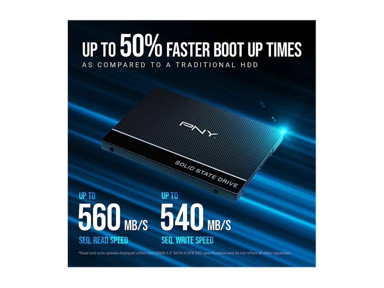 UP TO 50% FASTER BOOT UP TIMES AS COMPARED TO A TRADITIONAL HDD

PNY
SOLID STATE DRIVE

UP TO 560 MB/S SEQ. READ SPEED
UP TO 540 MB/S SEQ. WRITE SPEED

*Read and write speeds displayed reflect the CS900 2.5" SATA III 8TB SSD specifications and do not reflect all other capacities.
