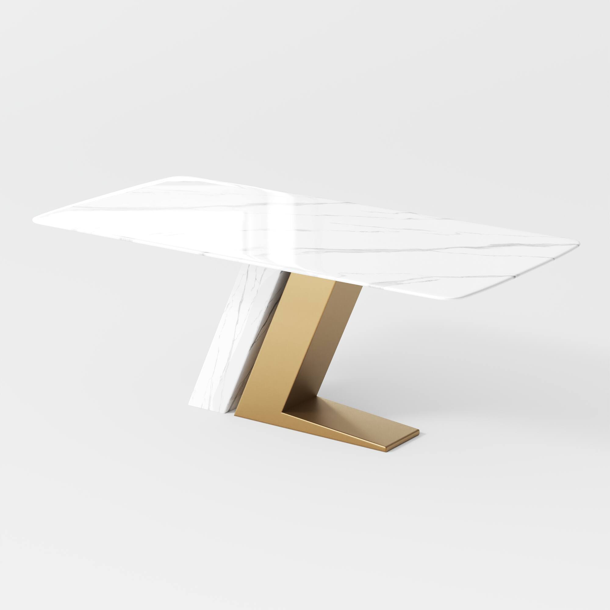 Alt View 7. POVISON - 71"Modern Glossy White Sintered Stone Rectangular Dining Table for 4-6, White & Gold Z-shaped Stainless Steel Base - White & Gold.