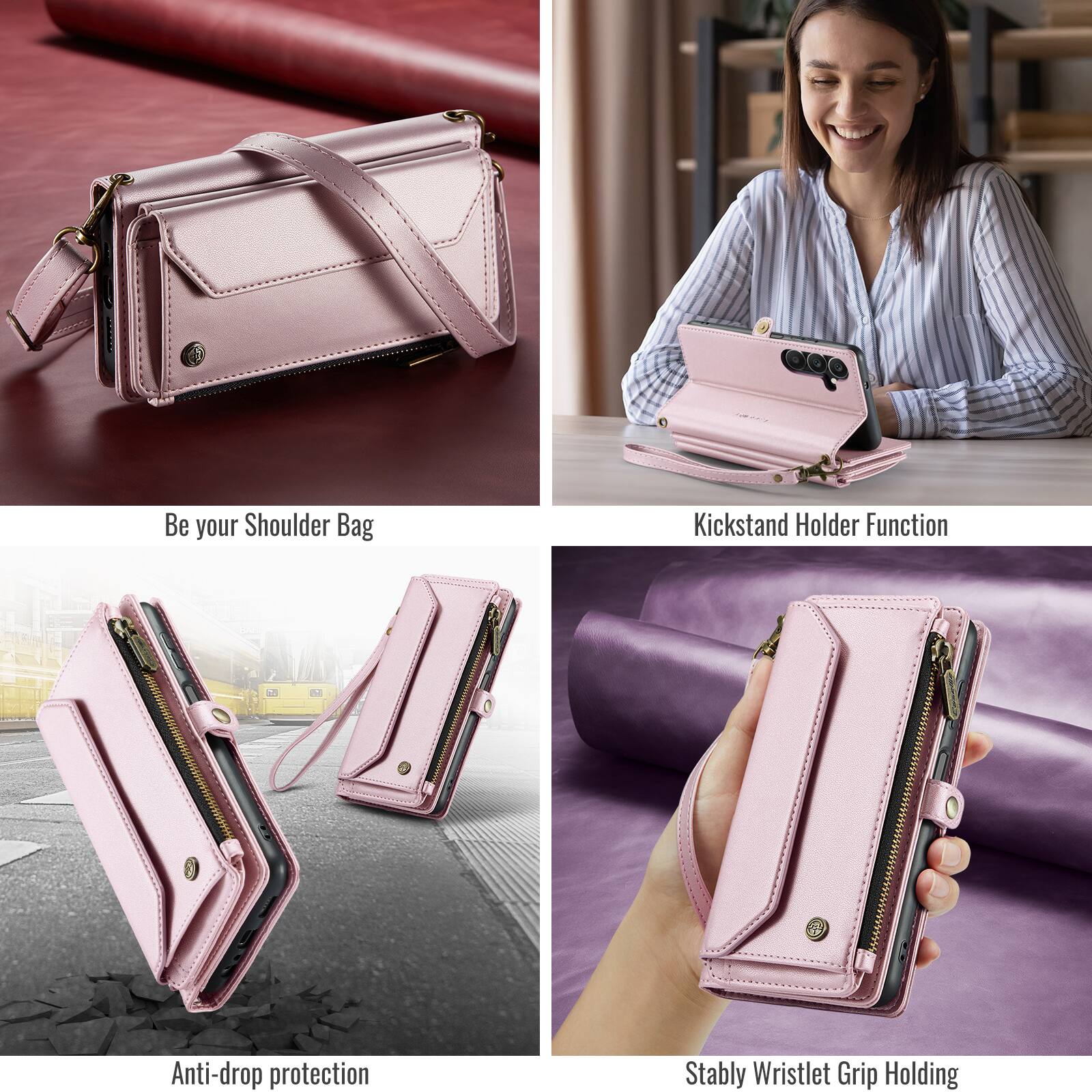 Be your Shoulder Bag  
Kickstand Holder Function  
Anti-drop protection  
Stably Wristlet Grip Holding
