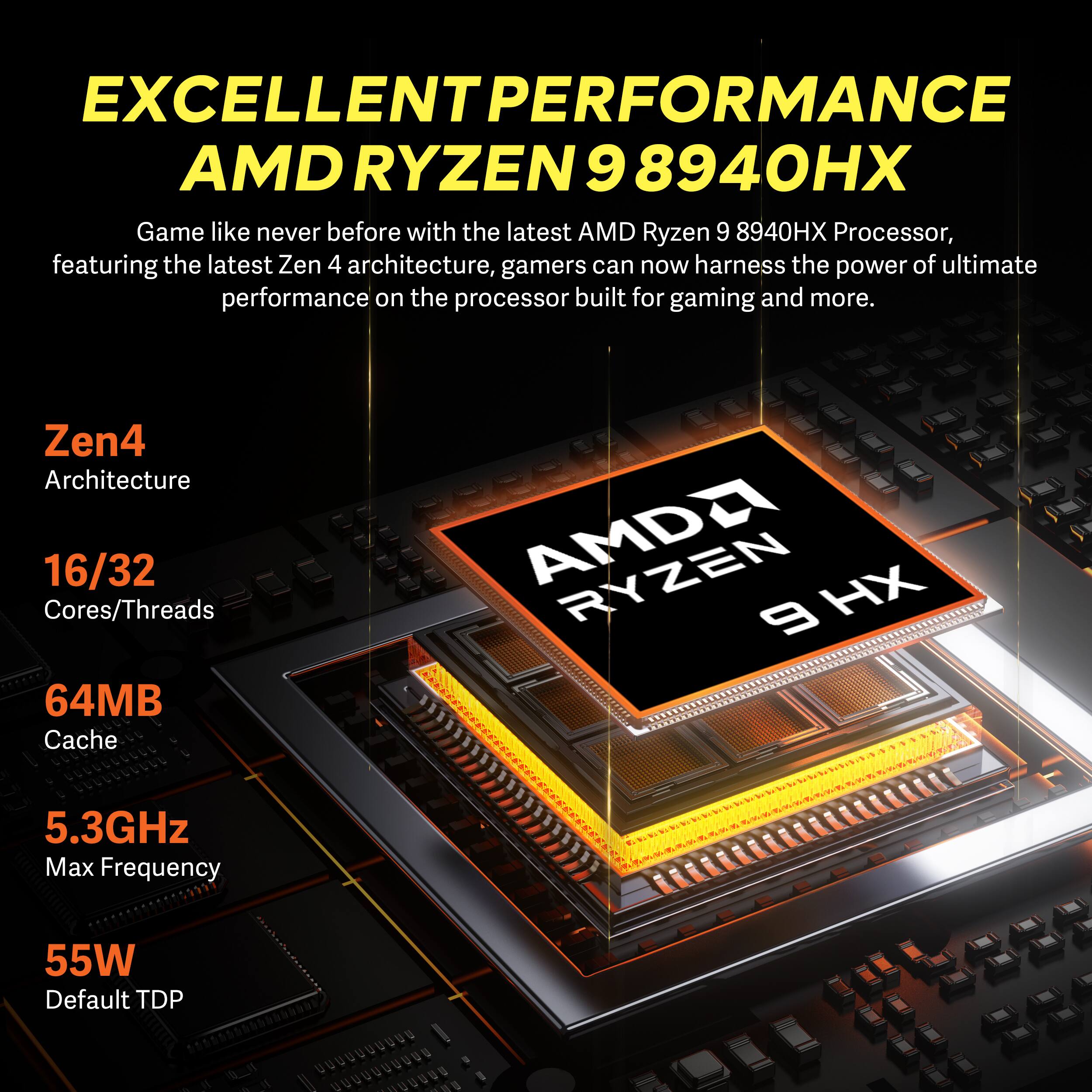 EXCELLENT PERFORMANCE  
AMD RYZEN 9 8940HX

Game like never before with the latest AMD Ryzen 9 8940HX Processor, featuring the latest Zen 4 architecture, gamers can now harness the power of ultimate performance on the processor built for gaming and more.

Zen4 Architecture  
16/32 Cores/Threads  
64MB Cache  
5.3GHz Max Frequency  
55W Default TDP