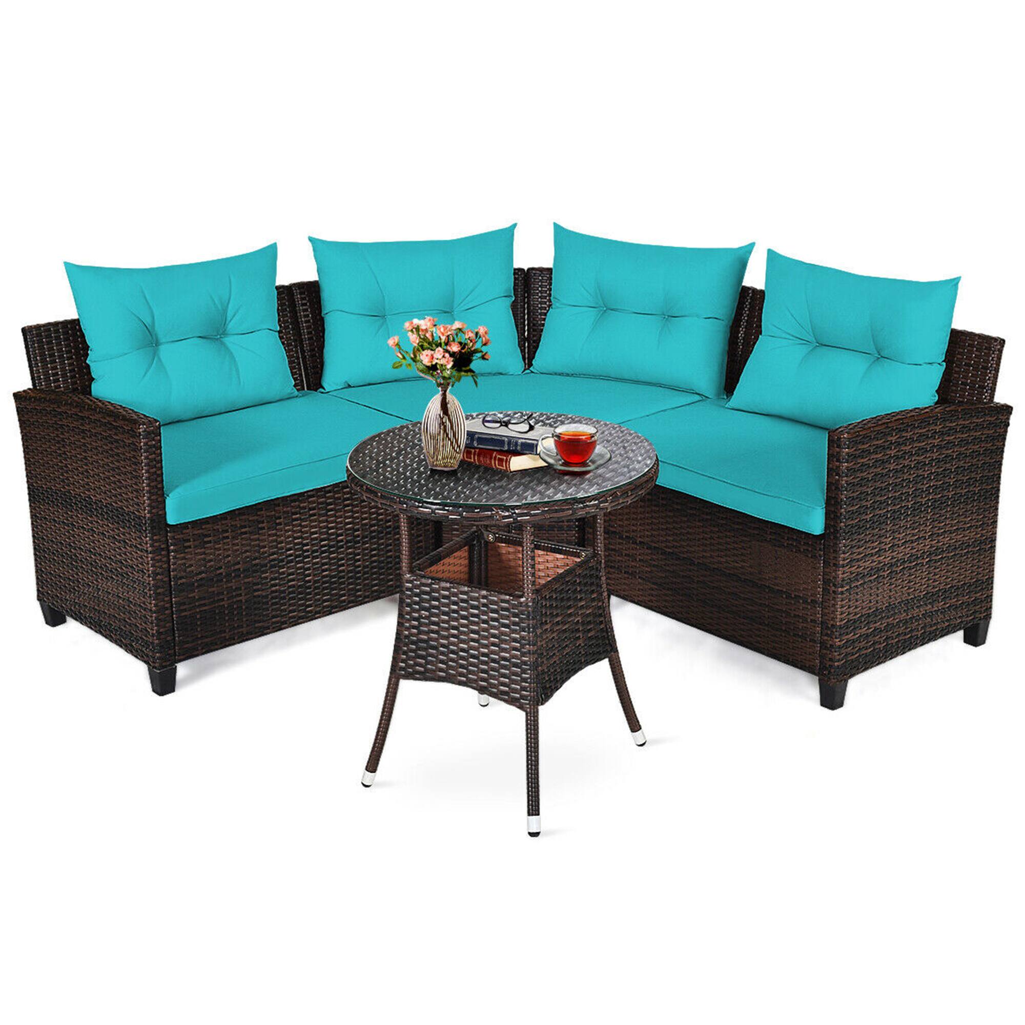 Alt View 3. Gymax - Gymax 4PCS Patio Furniture Set Outdoor Rattan Sectional Sofa Set w/ Turquoise Cushions - Turquoise.