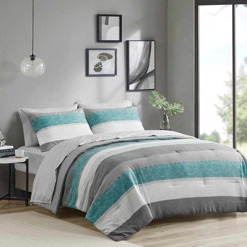 Alt View 1. Gracie Mills - Gracie Mills Ware Striped Comforter Set with Bed Sheets - Aqua/Grey.