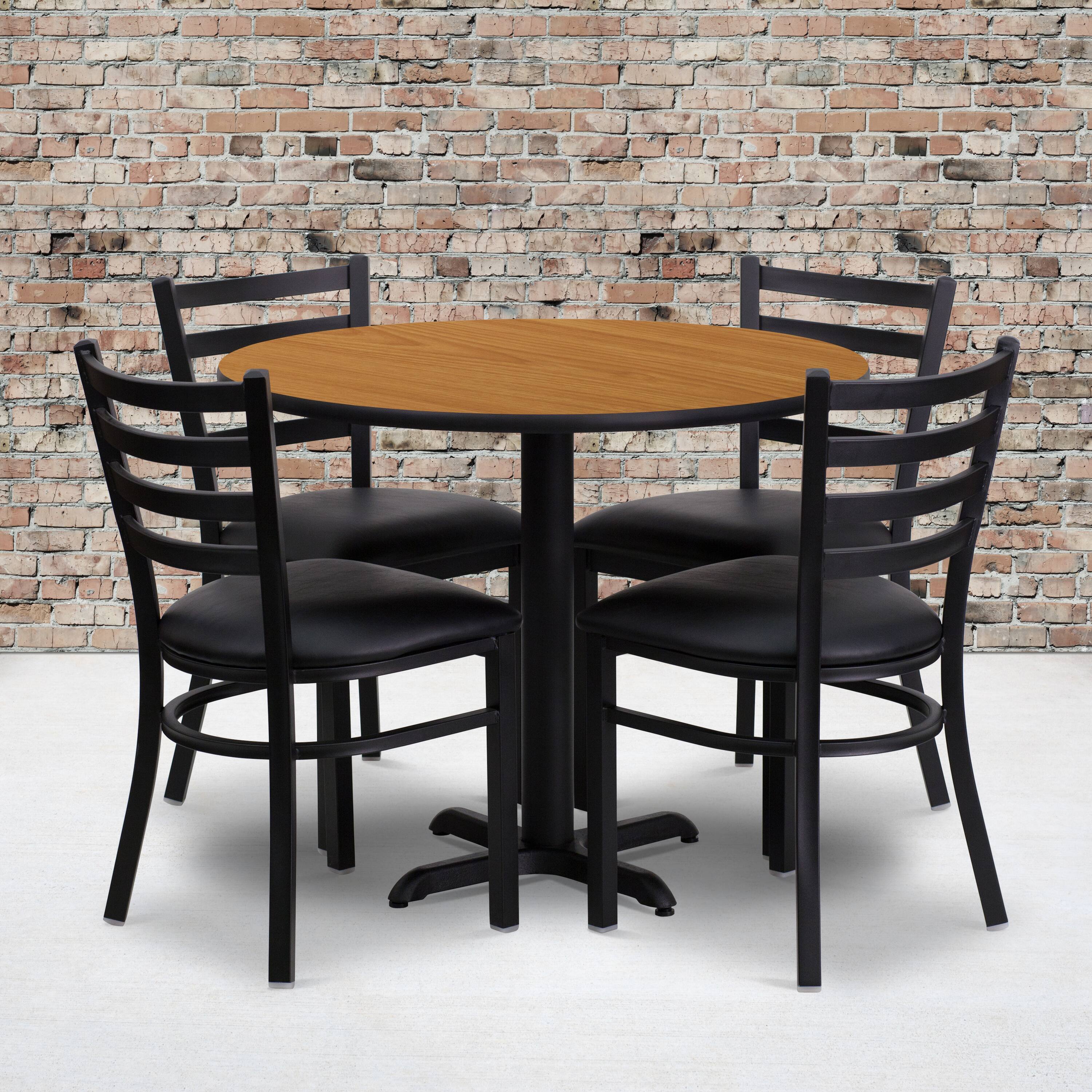 Alt View 1. Emma + Oliver - 36" Round Laminate X-Base Table Set with 4 Ladder Back Chairs - Natural Top/Black Vinyl Seat.