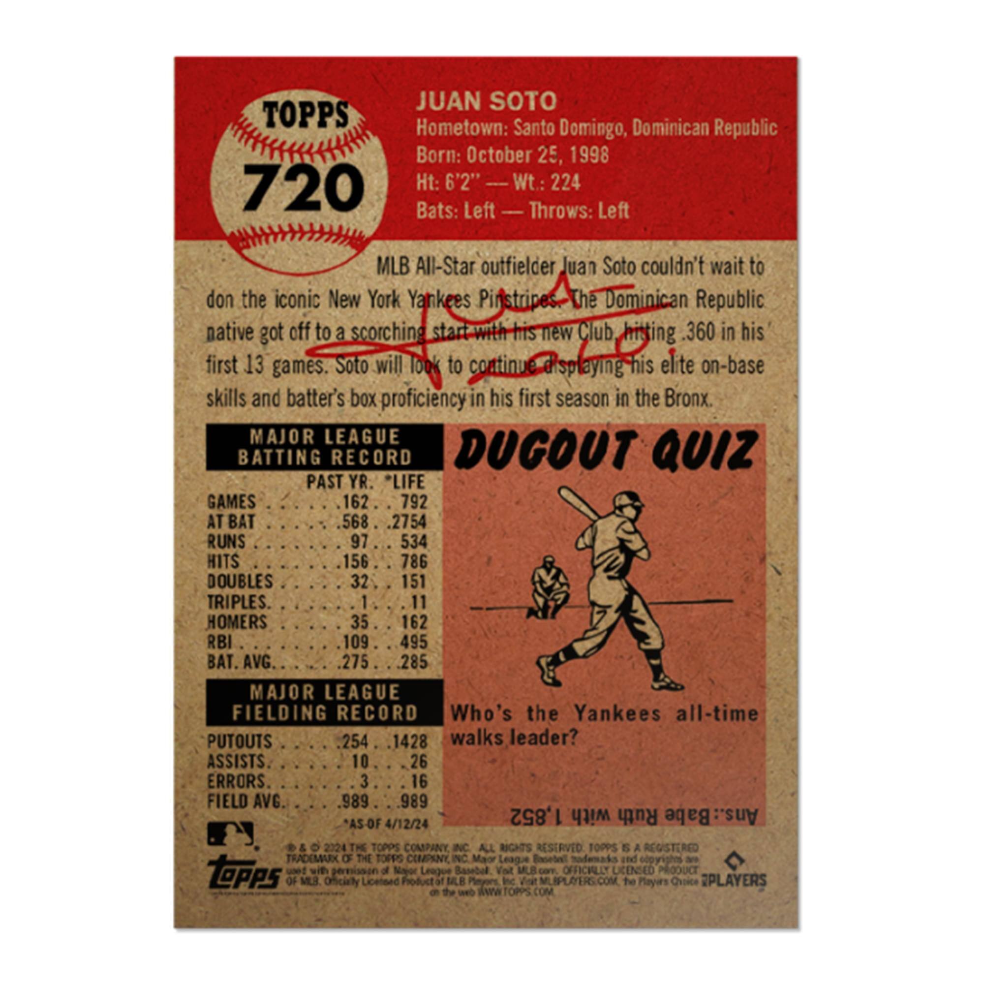 **Juan Soto**

- **Hometown:** Santo Domingo, Dominican Republic
- **Born:** October 25, 1998
- **Height:** 6'2"
- **Weight:** 224 lbs
- **Bats:** Left
- **Throws:** Left

MLB All-Star outfielder Juan Soto couldn't wait to don the iconic New York Yankees Pinstripes. The Dominican Republic native got off to a scorching start with his new Club, hitting .360 in his first 13 games. Soto will look to continue displaying his elite on-base skills and batter's box proficiency in his first season in the Bronx.

**MAJOR LEAGUE BATTING RECORD**

| PAST YR. | LIFE |
|---------|------|
| GAMES   | 162  | 792 |
| AT BAT  | 568  | 2754 |
| RUNS    | 97   | 534 |
| HITS    | 156  | 786 |
| DOUBLES | 32   | 151 |
| TRIPLES | 1    |
