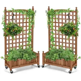 Costway - 2PC 50in Wood Planter Box w/Trellis Mobile Raised Bed for Climbing Plant - Natural