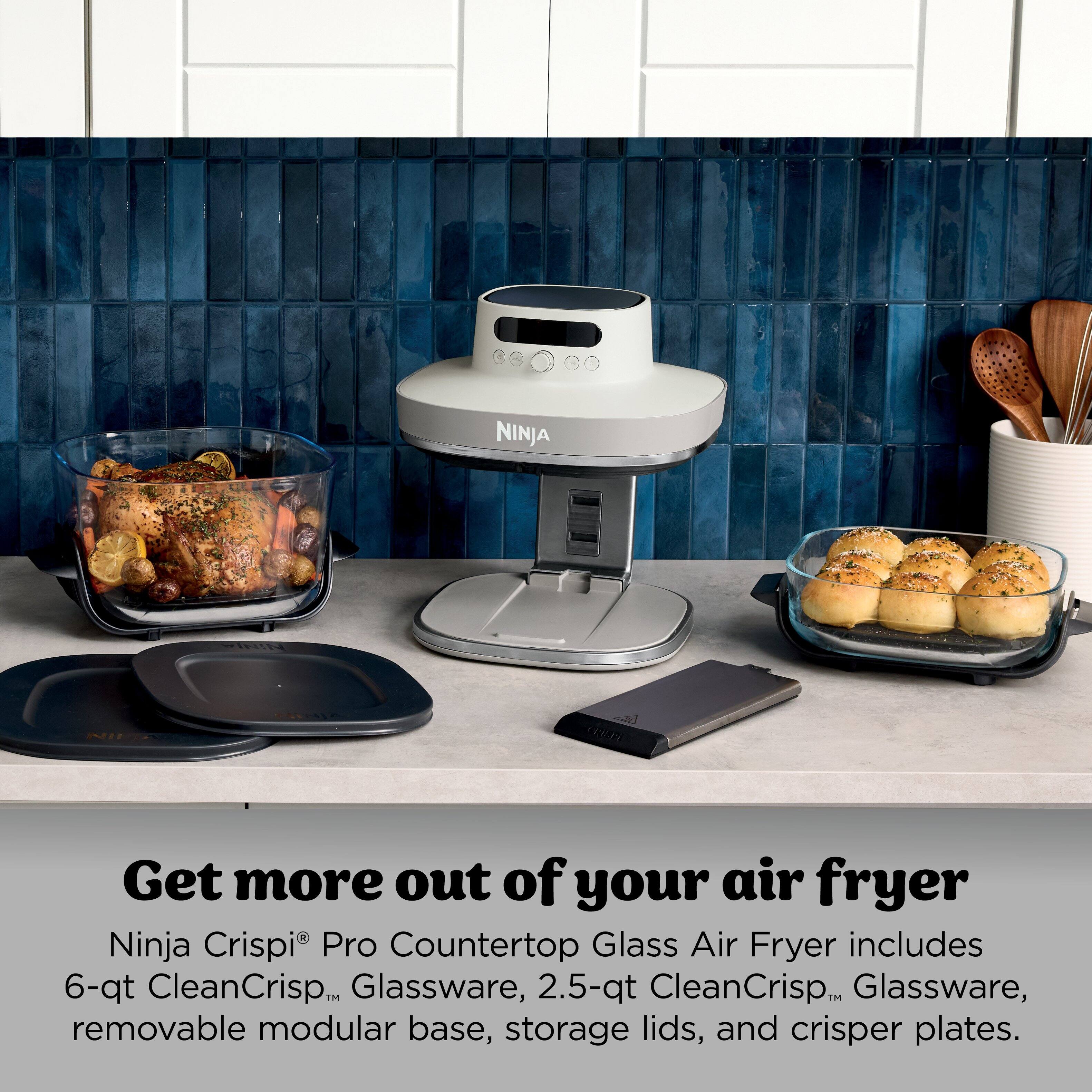 NINJA Get more out of your air fryer Ninja Crispi Pro Countertop Glass Air Fryer includes 6-qt CleanCrisp™ Glassware, 2.5-qt CleanCrisp™ Glassware, removable modular base, storage lids, and crisper plates.