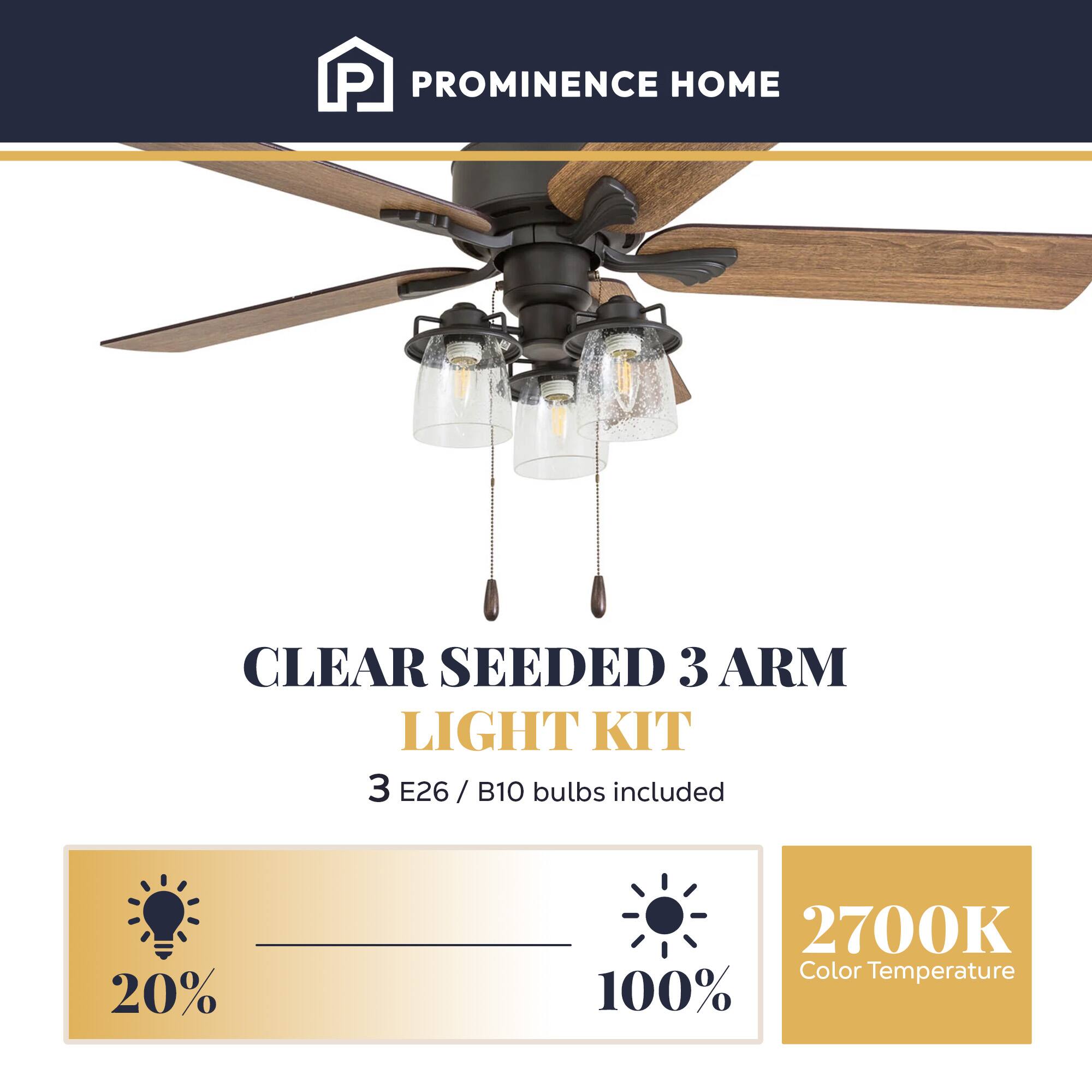 PROMINENCE HOME

CLEAR SEEDED 3 ARM LIGHT KIT
3 E26 / B10 bulbs included

20%
2700K Color Temperature
100%