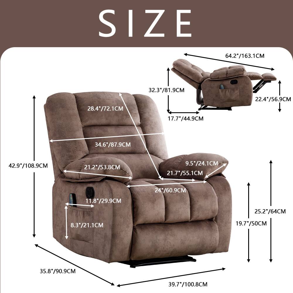 The text on the image is grouped and corrected as follows:

SIZE: 64.2" / 163.1 cm
28.4" / 72.1 cm
32.3" / 81.9 cm
17.7" / 44.9 cm
22.4" / 56.9 cm
34.6" / 87.9 cm
42.9" / 108.9 cm
21.2" / 53.8 cm
9.5" / 24.1 cm
21.7" / 55.1 cm
11.8" / 29.9 cm
24" / 60.9 cm
25.2" / 64 cm
8.3" / 21.1 cm
19.7" / 50 cm
35.8" / 90.9 cm
39.7" / 100.8 cm