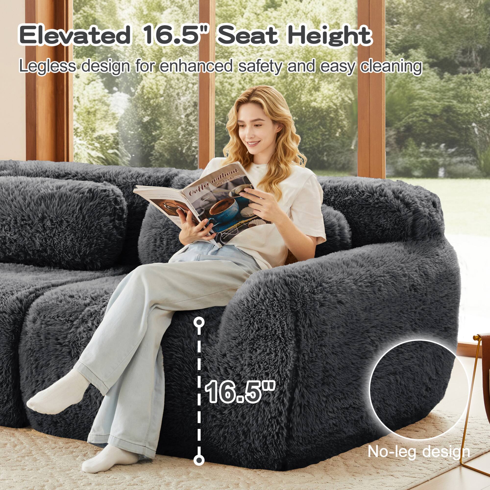 Elevated 16.5" Seat Height  
Legless design for enhanced safety and easy cleaning  
No-leg design