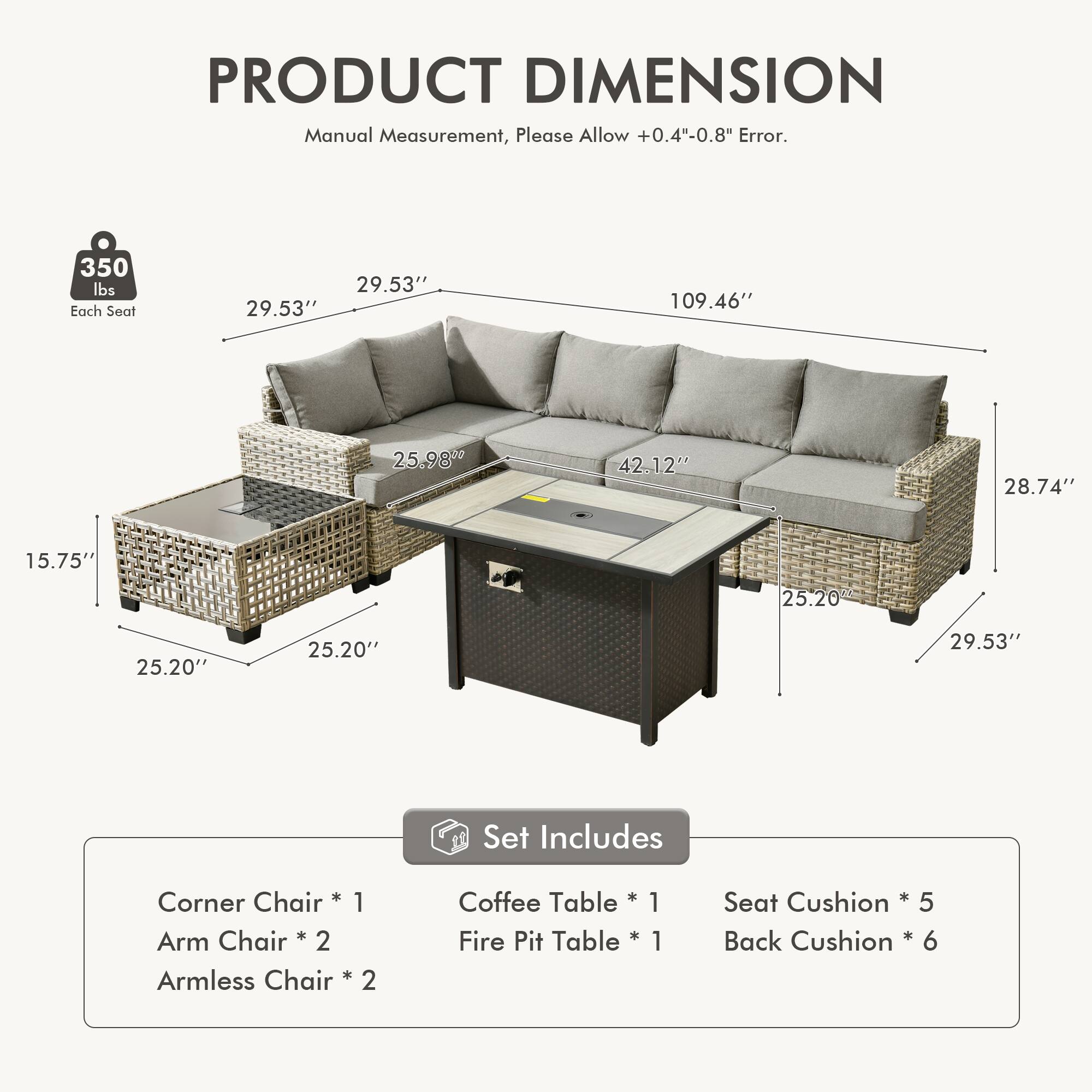 Alt View 1. Ovios - 7 PCS Patio Sectional Furniture with 42" Fire Pit Table Rattan Wicker Coversation Couch Set - Dark Grey.