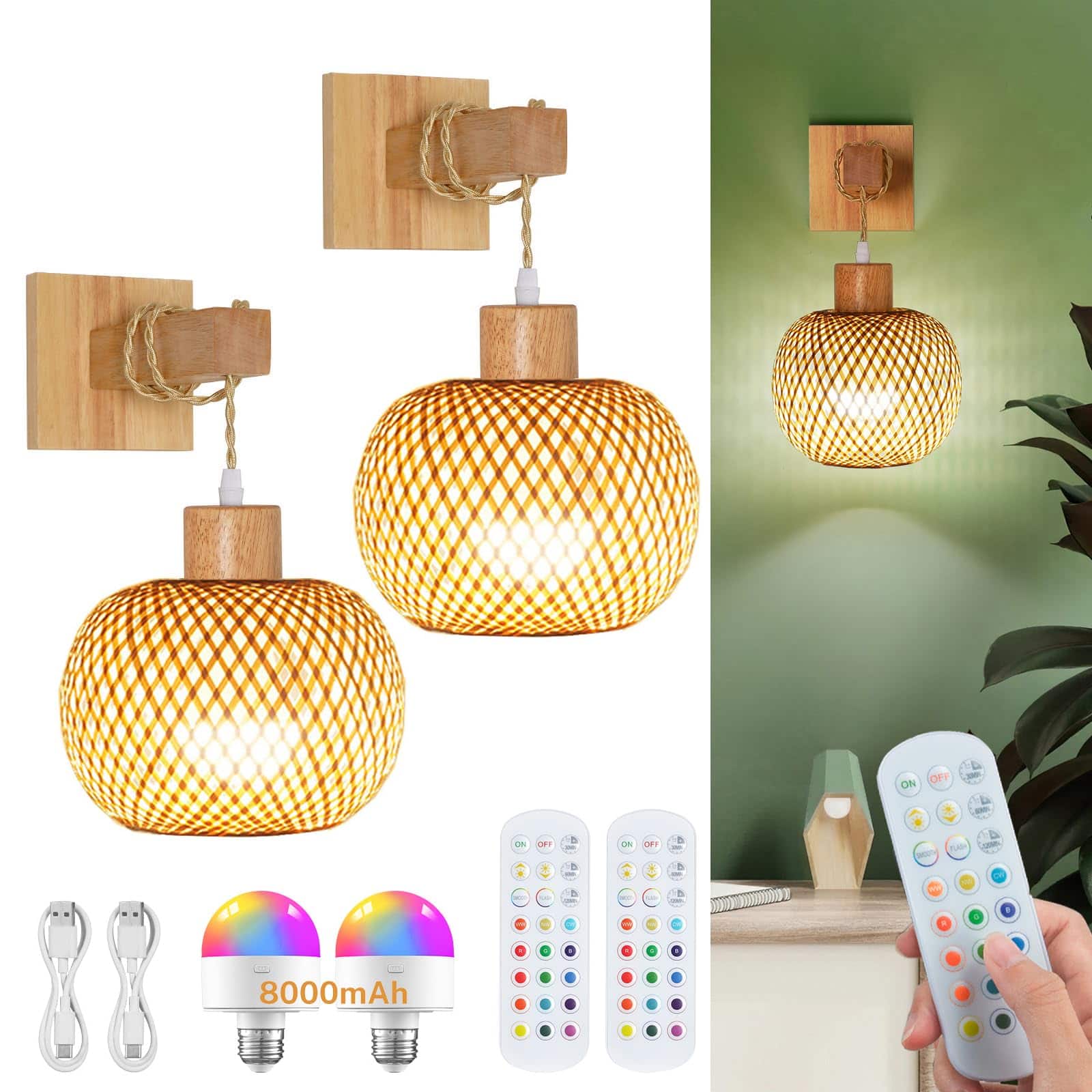 HM 1810 - Operated Wall Sconce With Remote Set Of Rechargeable Rattan Sconces mah Bulbs Woven Light lamp Boho For Bed - Wood-Bamboo