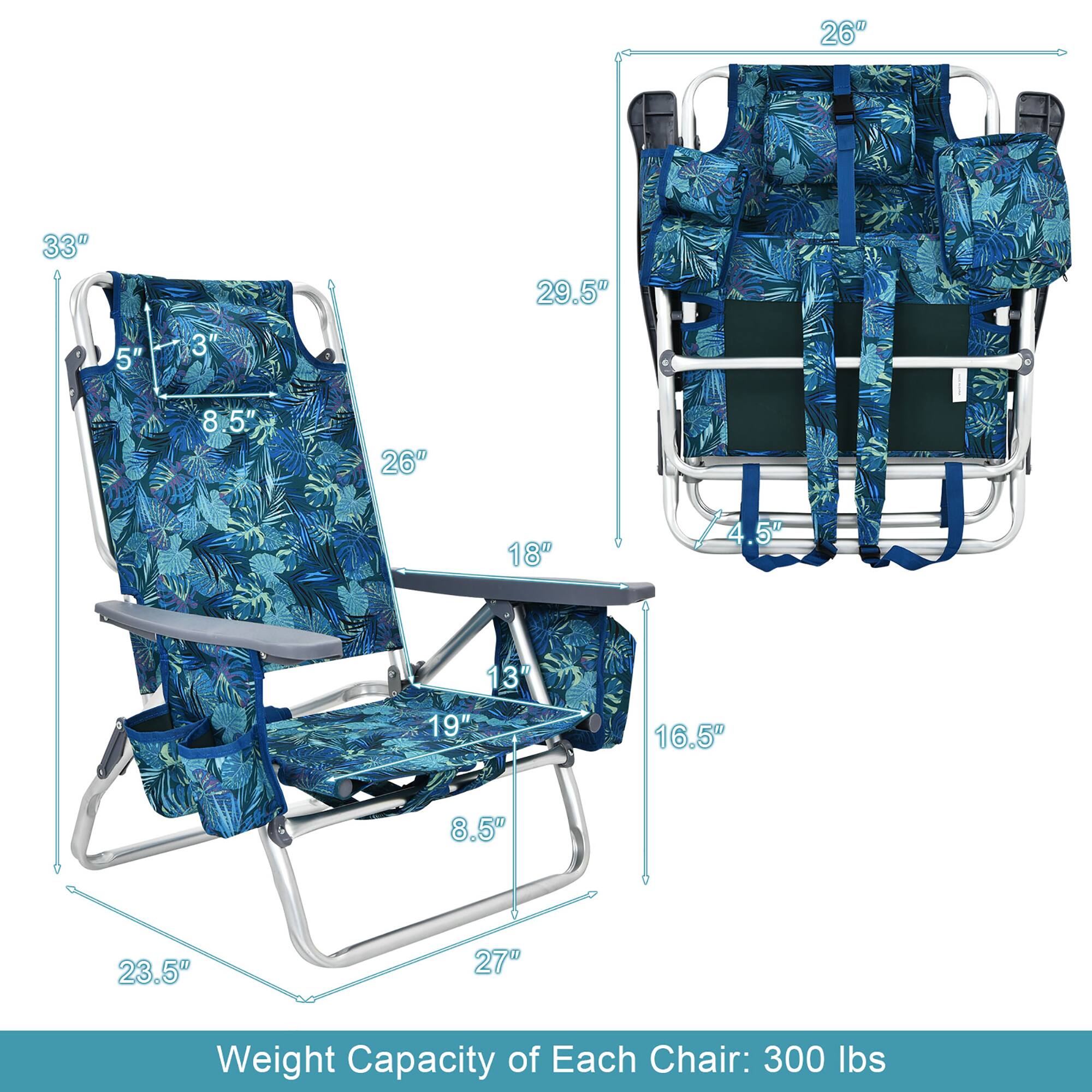 Sure, here is the corrected and grouped text from the image:

- **Dimensions:**
  - 33" (height)
  - 29.5" (width)
  - 26" (depth)
  - 18" (seat height)
  - 16.5" (armrest height)
  - 13" (seat depth)
  - 8.5" (seat width)
  - 5" (backrest width)
  - 3" (backrest height)
  - 4.5" (side table height)
  - 23.5" (side table depth)
  - 27" (side table width)

- **Weight Capacity of Each Chair: 300 lbs**