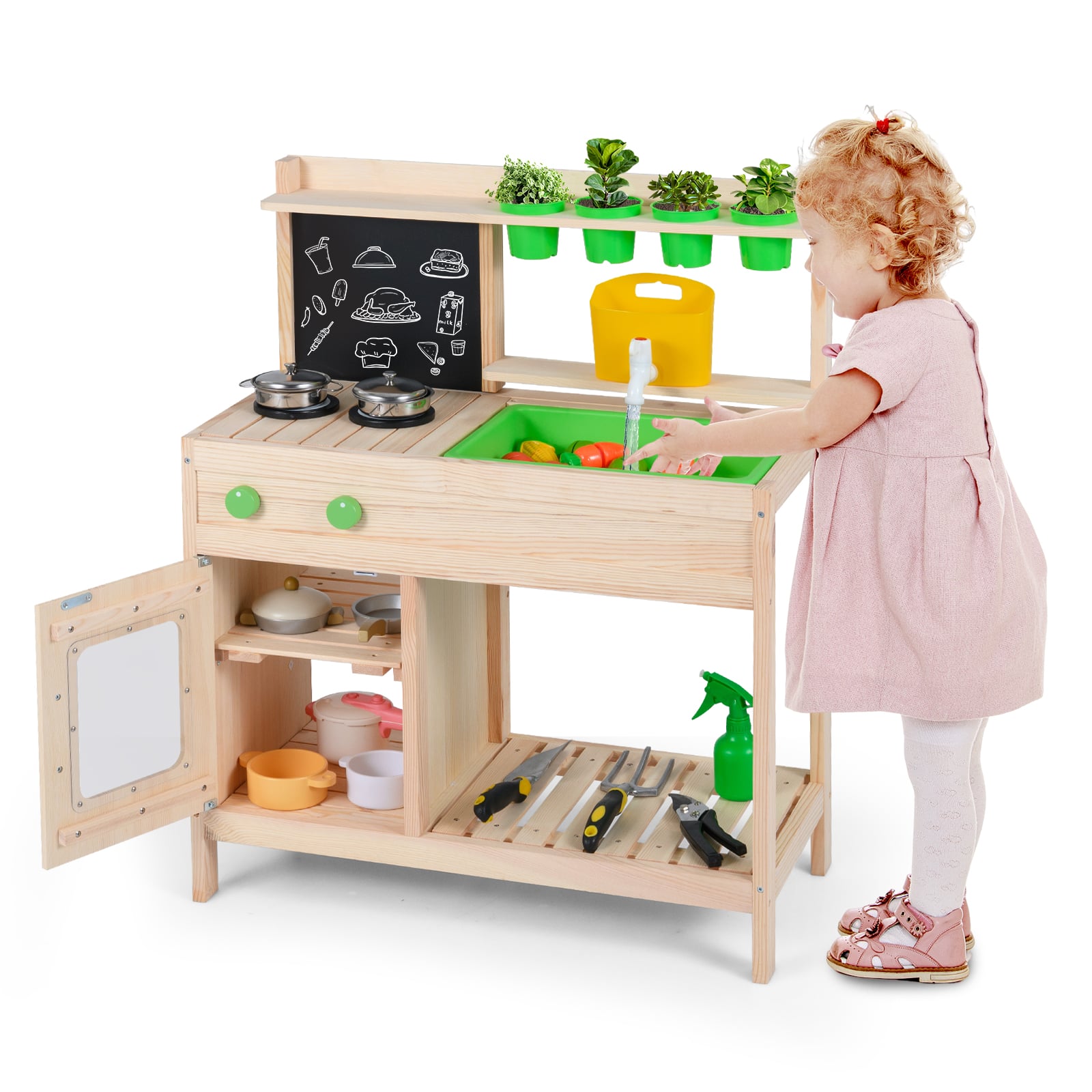 Gymax - Kids Mud Kitchen Play Pretend Kitchen w/ Chalkboard Stoves Faucet Sink - Yellow