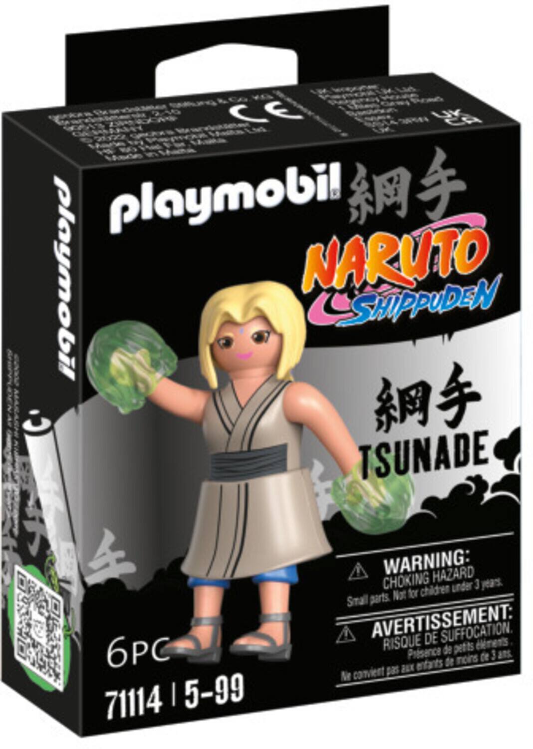 The corrected text from the image is:

"Playmobil NARUTO SHIPPUDEN TSUNADE 4+ WARNING: CHOKING HAZARD for children under 3 years. Small parts. Not for children under 3 years. AVERTISSEMENT: RISQUE DE SUFFOCATION. Présence de petits éléments. Ne convient pas aux enfants de moins de 3 ans. 6PC 71114 | 5-99"